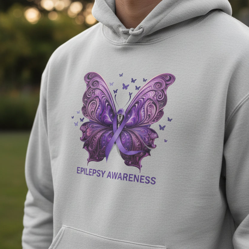 Epilepsy Awareness Butterfly Champion Hoodie – Purple Ribbon Awareness Sweatshirt