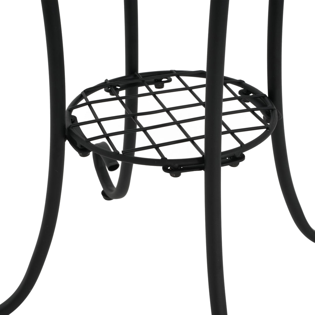 Vibrant Patio Side Table with Shelf, Floral Design, Blue and Black Ceramic Tile, 14-Inch