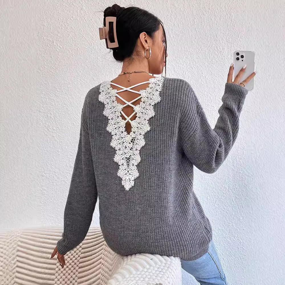 V-neck Sweater Ladies Winter Backless Streetwear Bandage Cashmere Sweater Women High Quality Fashion Clothes