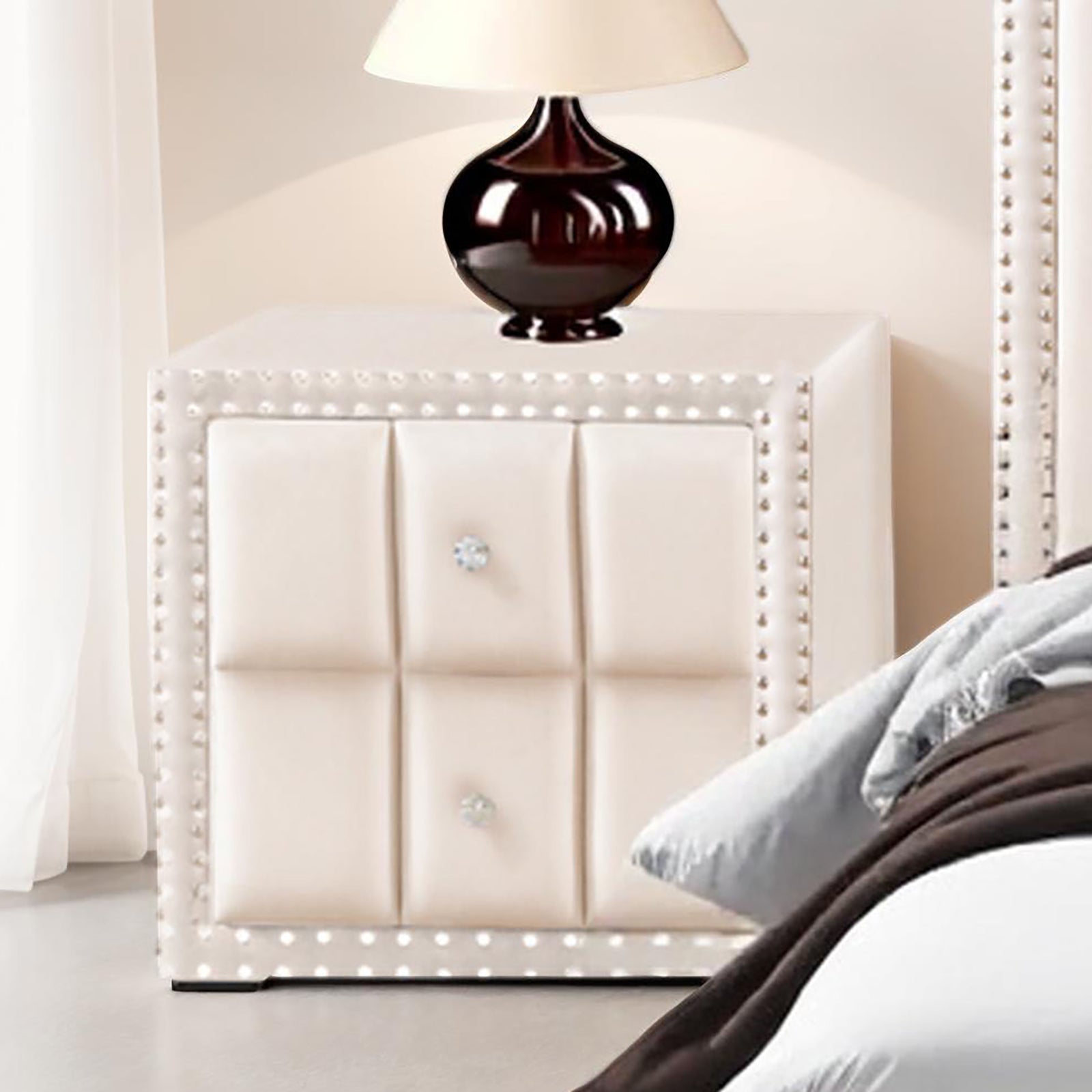 Full Size Bed 2x Nightstands Bedroom Furniture Contemporary Beige Fabric Upholstered Bedframe w LED Nailhead Trim 3pc Bedroom Set