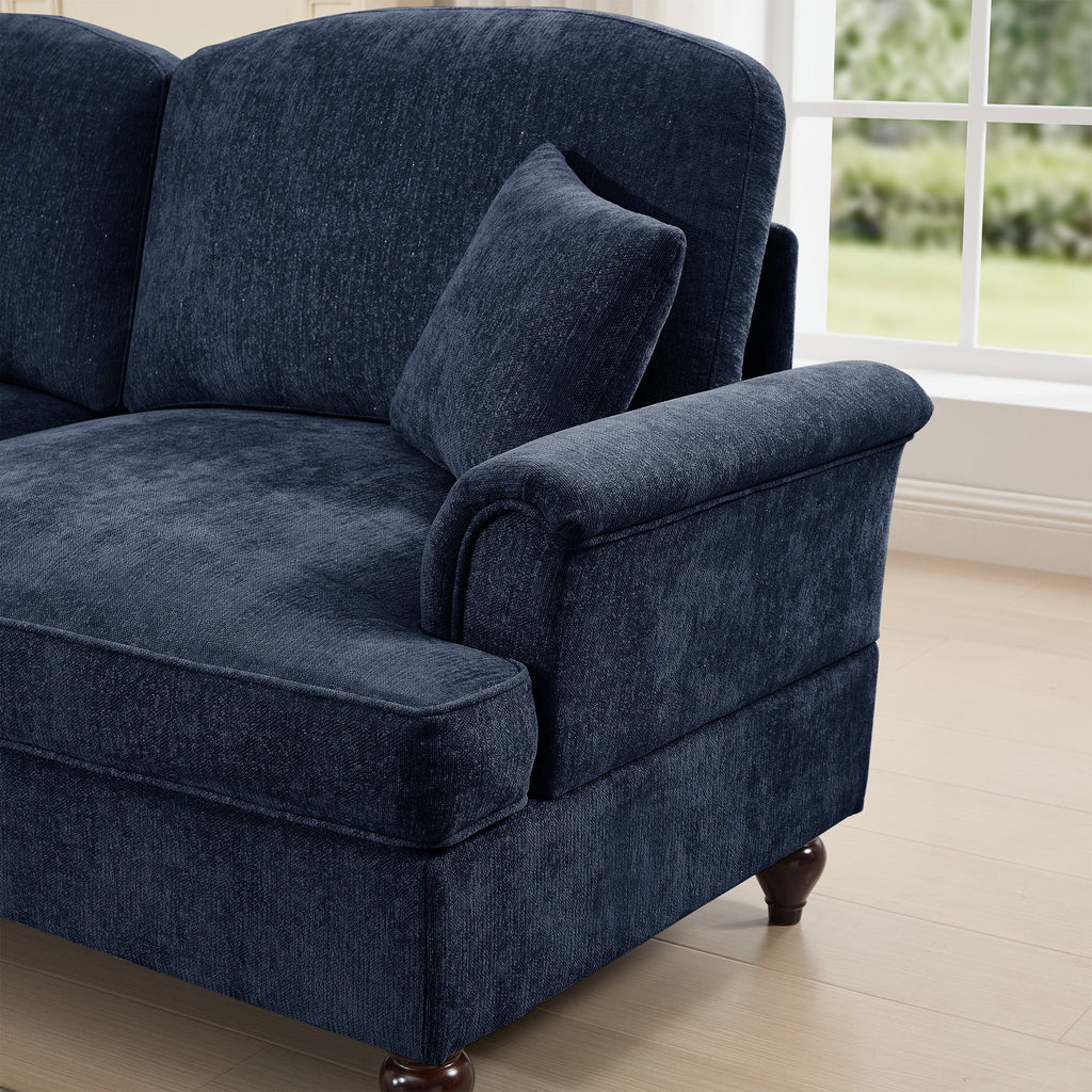 Classic Three Seater Modular L Shaped Sectional Couch with Flared Arms and Removable Ruffles Pleats Skirts and Spindle Legs, Comfy Chenille Four-Seat Deep Seat Sofa with Movable Ottoman, Blue
