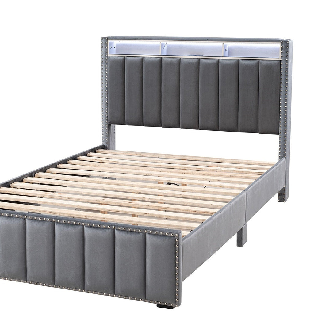Contemporary 3pc Bedroom Set Queen Size Bed 2x Nightstands Bedroom Furniture Dark Gray Fabric Upholstered Bedframe w LED Nailhead Trim