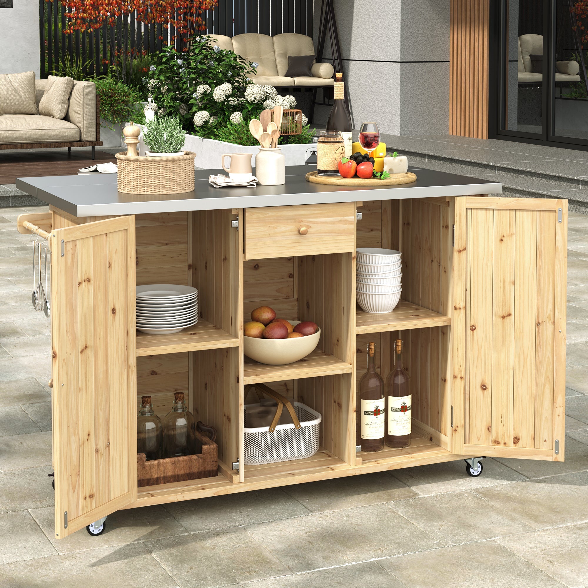 Outdoor Kitchen Island Fir Wood Kitchen Island with Stainless Steel Top, Ample Storage Space, Towel and Spice Racks, Bottle Opener, Natural