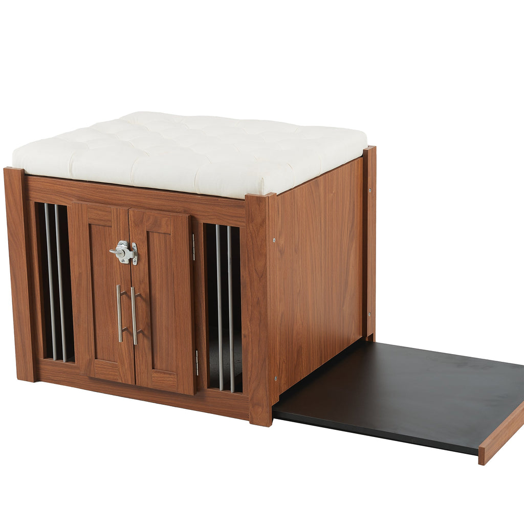 30.25'L, 2 in 1 Dog Crate with Padded Seat, Sliding Barn Door, Luxury Wooden Dog Kennel, End of Bed Bench Ottoman with Removable Cushion for Bedroom, Living Room, Walnut