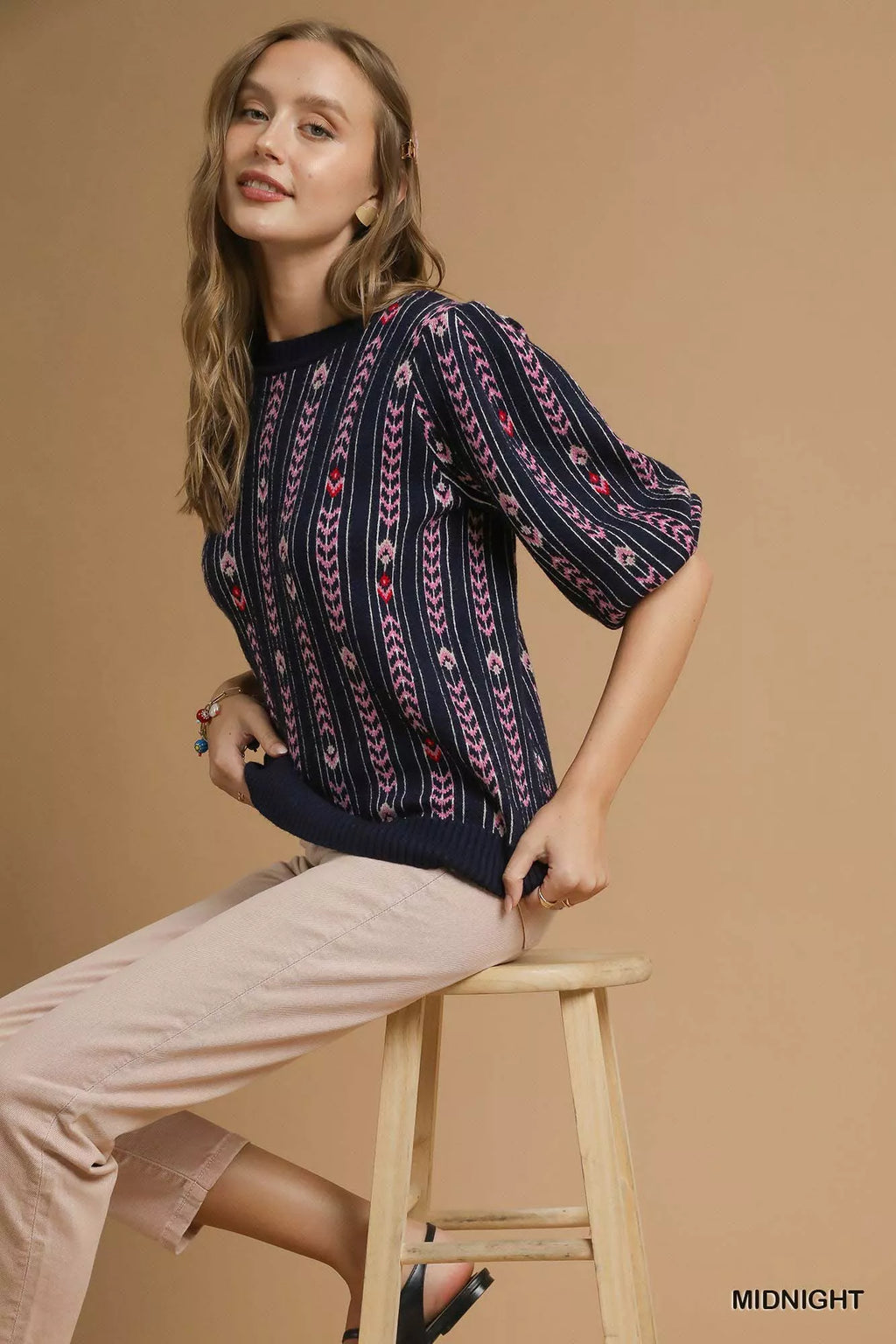 Umgee Jacquard Knit Puff Sleeve Sweater