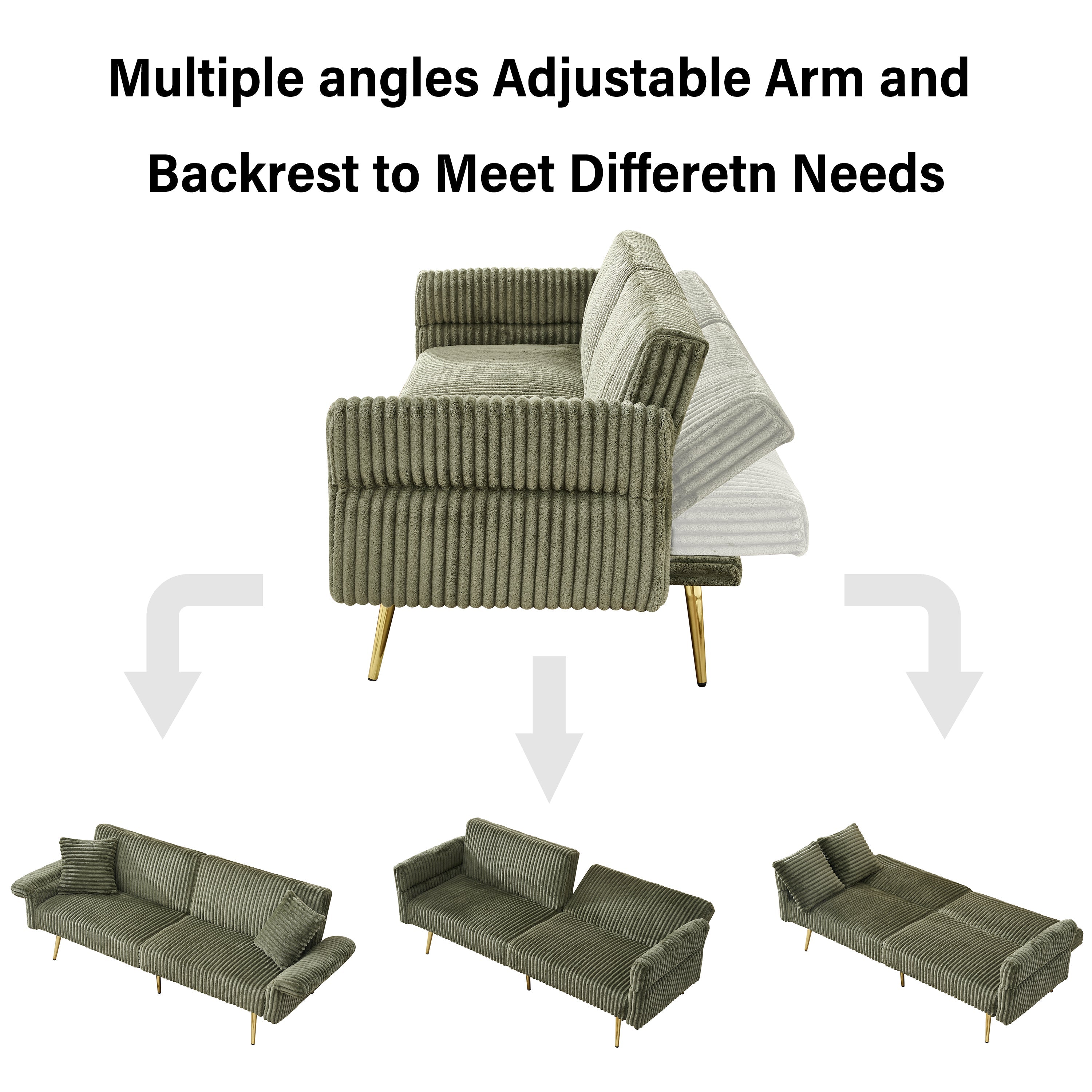 Modern Corduroy Sofa Bed, Foldable Double Sofa with Armrests, Green Velvet, 79 Inch
