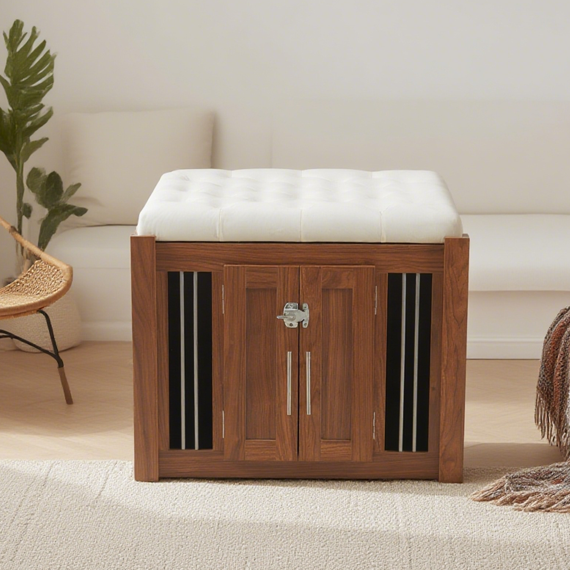 30.25'L, 2 in 1 Dog Crate with Padded Seat, Sliding Barn Door, Luxury Wooden Dog Kennel, End of Bed Bench Ottoman with Removable Cushion for Bedroom, Living Room, Walnut