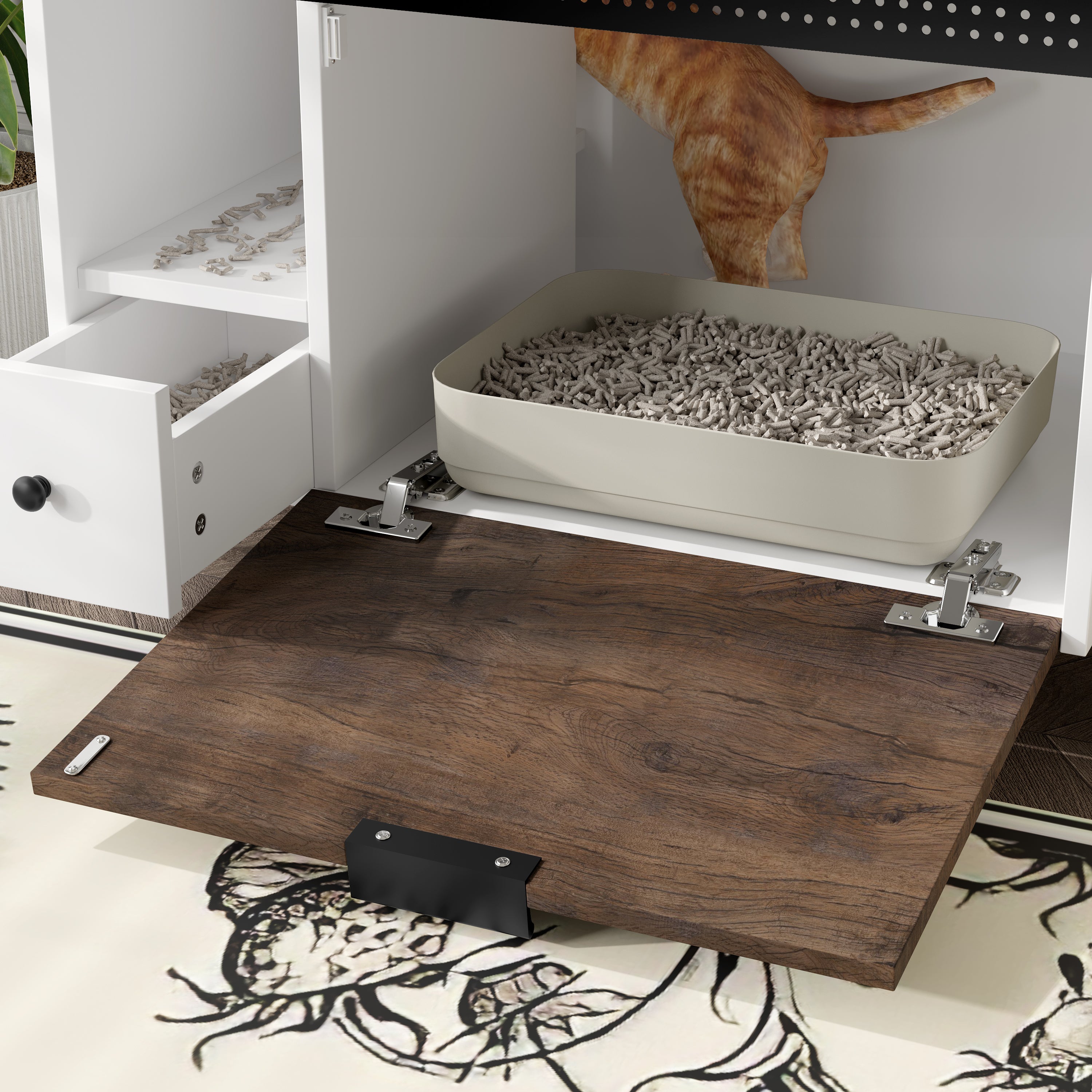 Cat Litter Box Enclosure, Indoor Hidden Cat Litter Box Furniture with 2 Drawers and Door, Cat House End Table for Living room, White and Brown