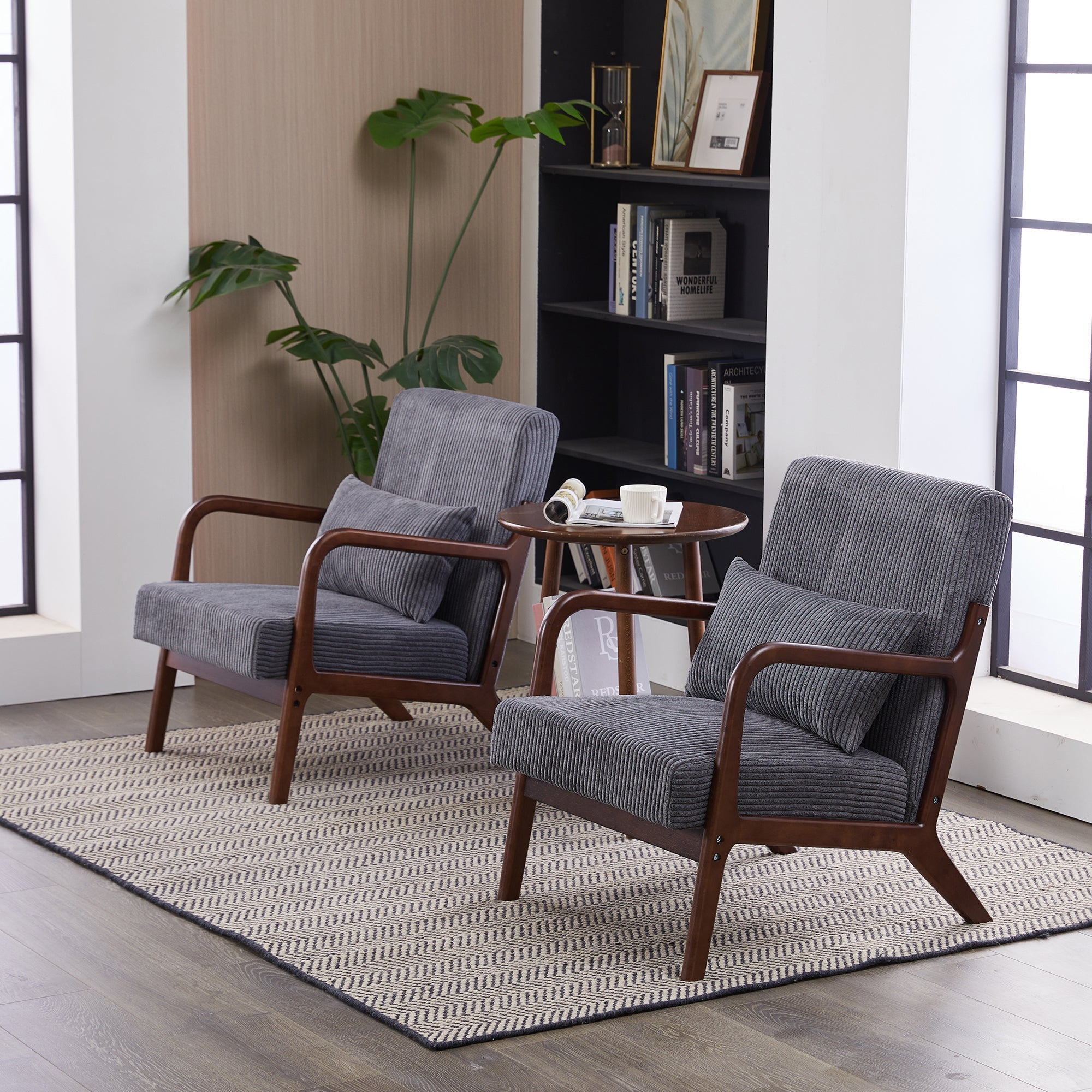Mid-Century Modern Accent Chair with Pillow Upholstered in Antique Dark Grey Polyester and Solid Wood Frame(Antique Dark Grey)