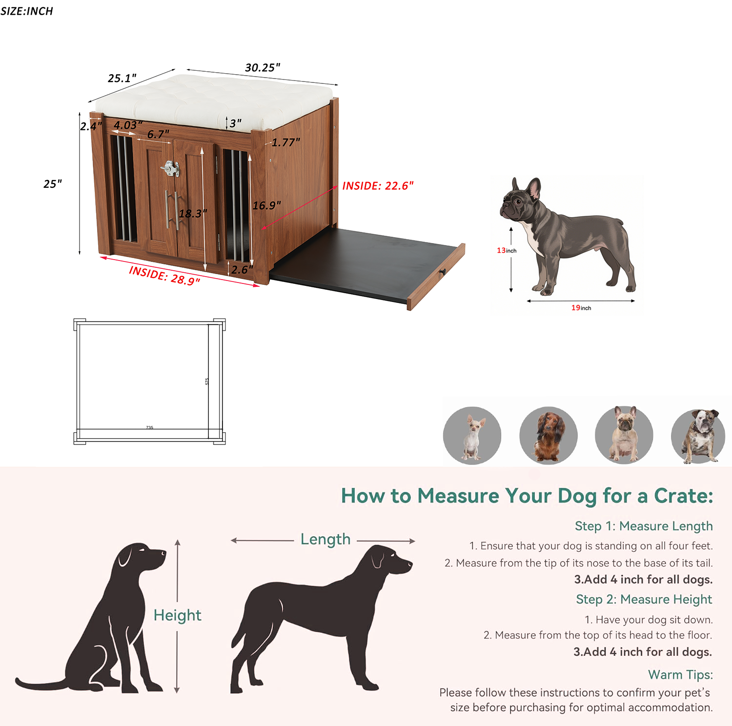 30.25'L, 2 in 1 Dog Crate with Padded Seat, Sliding Barn Door, Luxury Wooden Dog Kennel, End of Bed Bench Ottoman with Removable Cushion for Bedroom, Living Room, Walnut