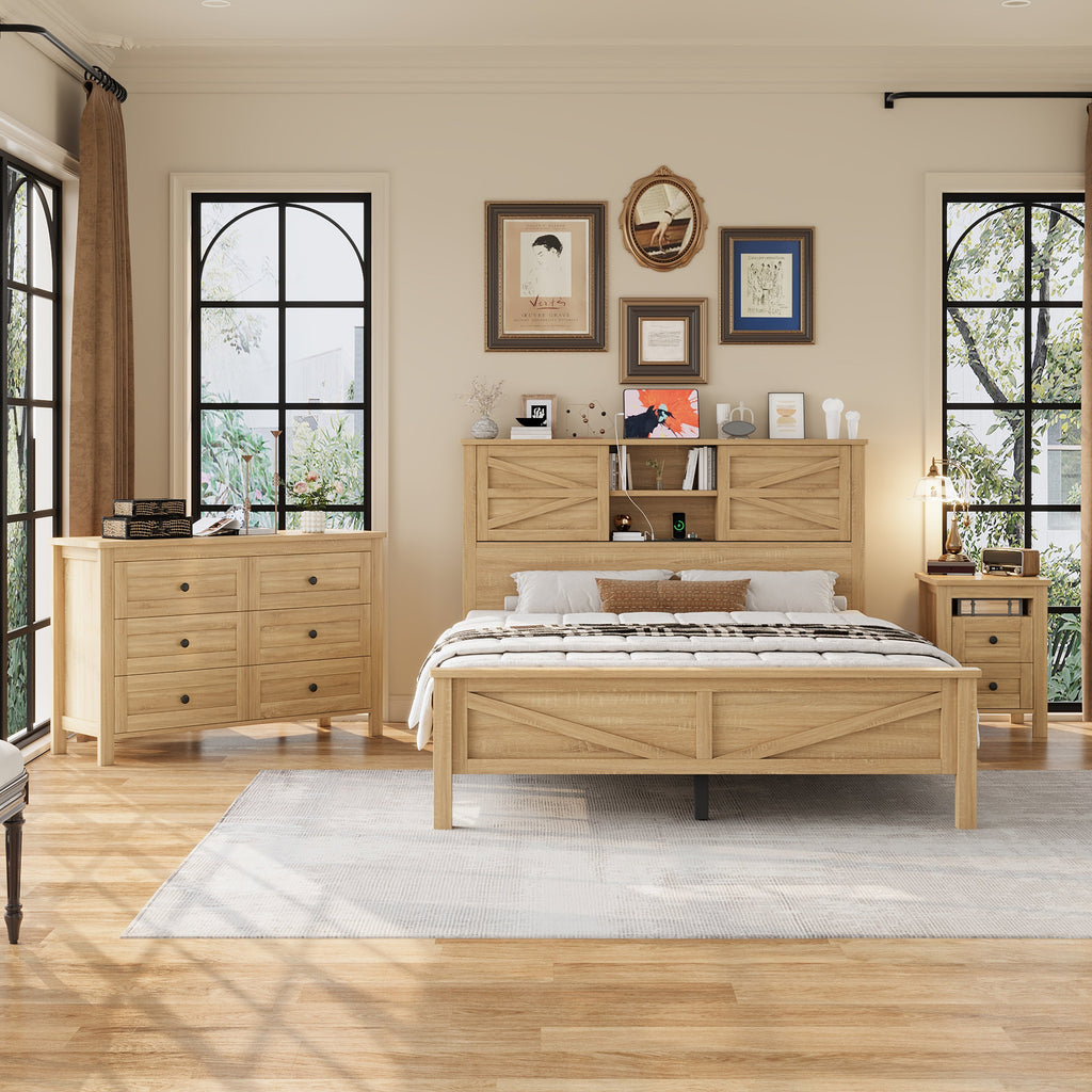 3-Pieces Bedroom Sets Queen Size Farmhouse Platform Bed with Double Sliding Door Storage Headboard and Charging Station, Storage Nightstand and Dresser, Natural