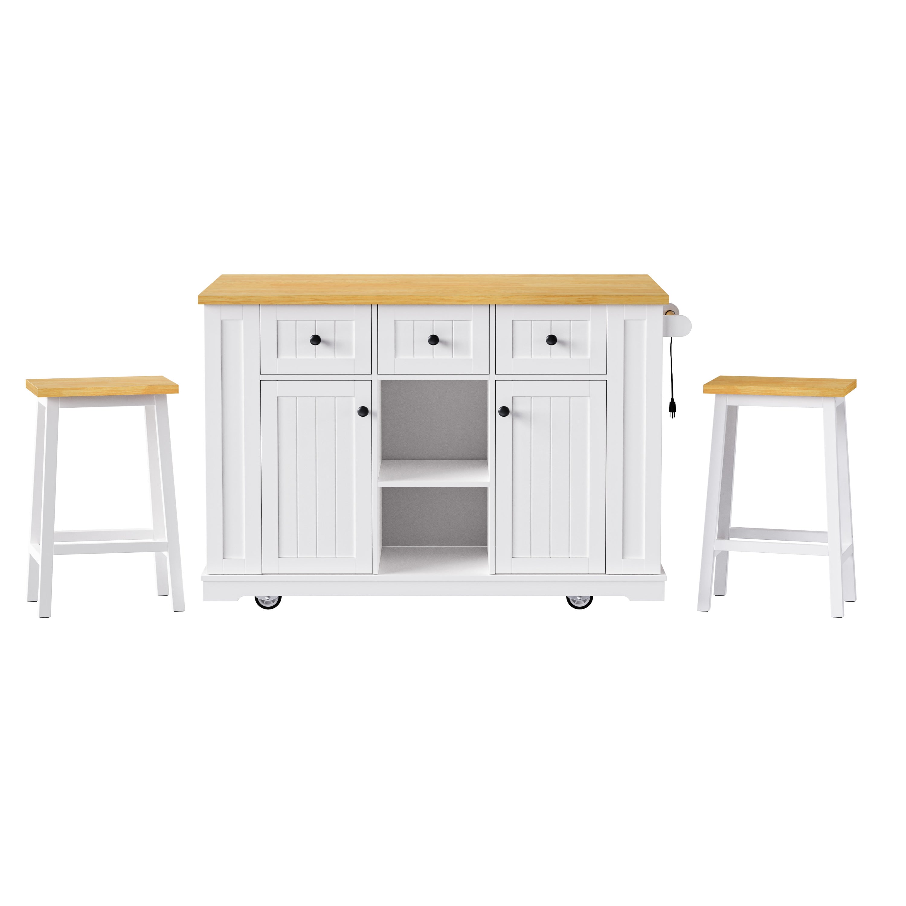 K&K 53inch Large Kitchen Island with 2 Bar Stools, Power Outlet,Door Internal Storage Rack, Kitchen Storage Cart on 5 Wheels with Drop Leaf, 5 Open Side Racks, 3 Drawers, for Kitchen,Dining Room,White