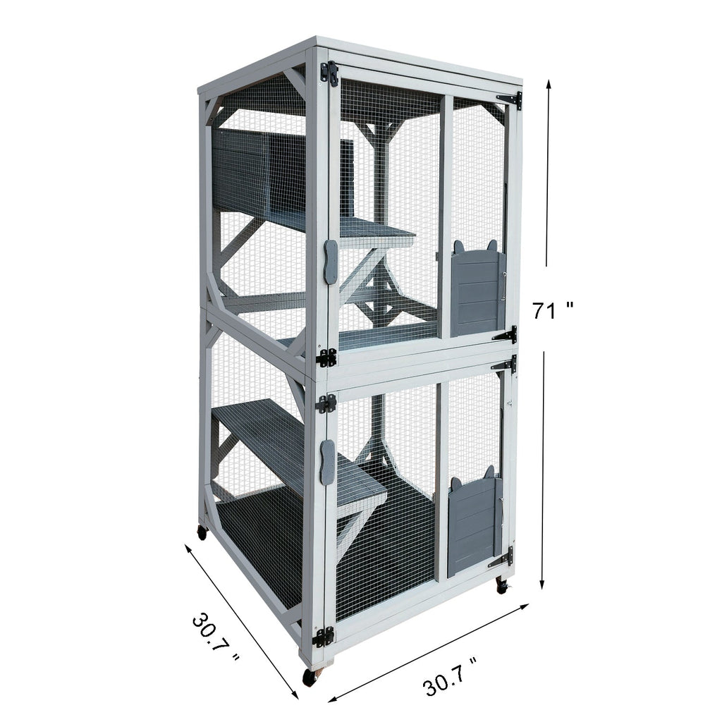 30.7'  Wooden Catio Outdoor Cat Enclosure, Luxury Cat House on Wheels with Napping House, 4 Platforms & Weatherproof Asphalt Roof, Large Kitty Cat Condo Cage Shelter Playpen with Sliding Doors