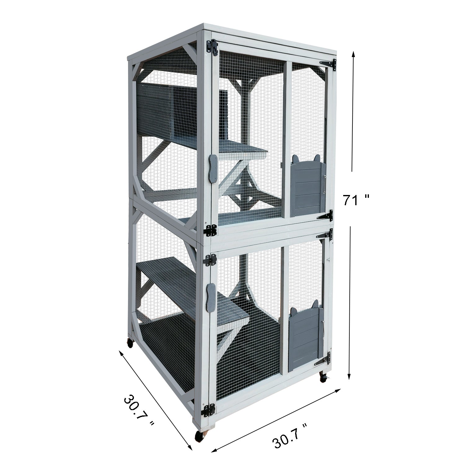 30.7'  Wooden Catio Outdoor Cat Enclosure, Luxury Cat House on Wheels with Napping House, 4 Platforms & Weatherproof Asphalt Roof, Large Kitty Cat Condo Cage Shelter Playpen with Sliding Doors