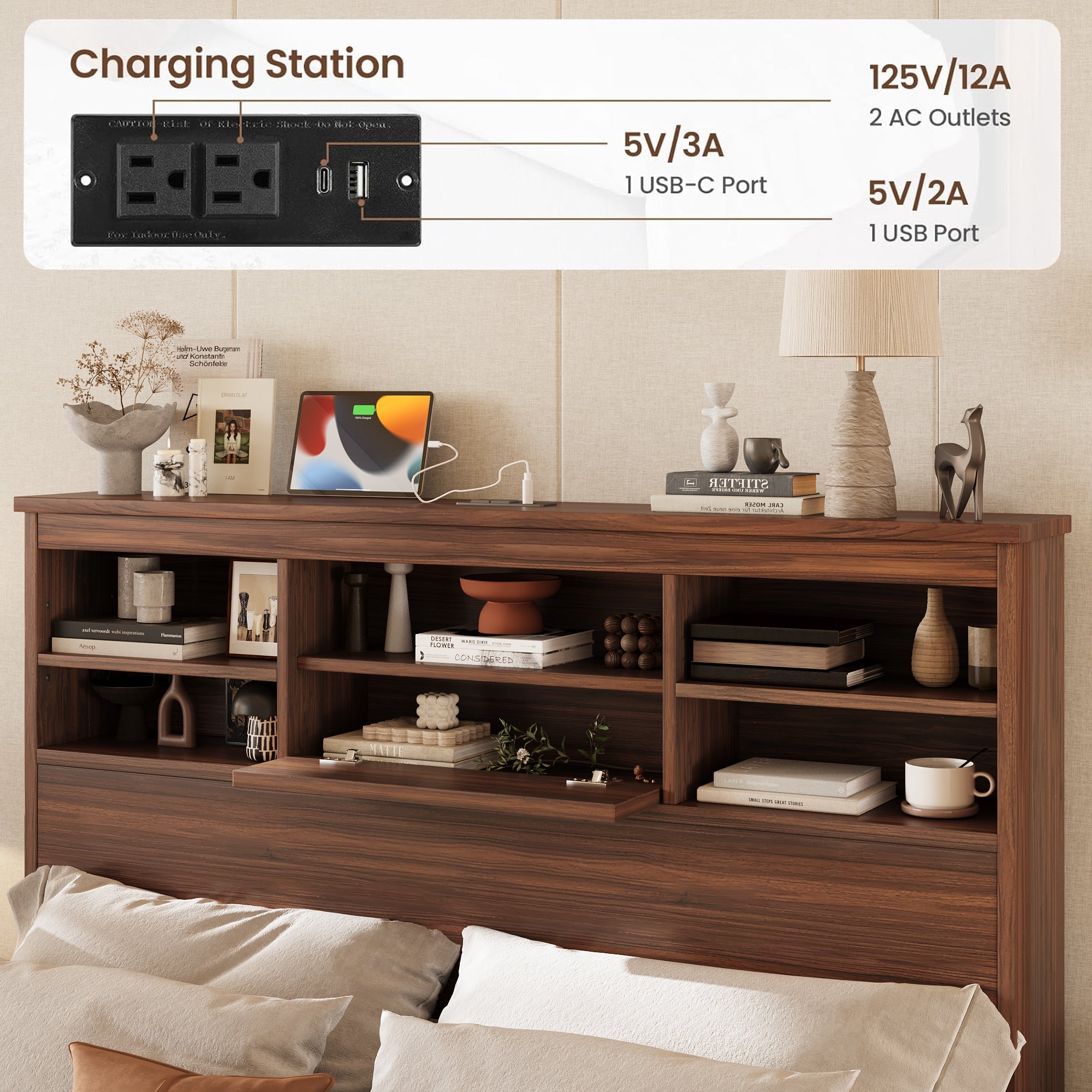 4PCS Bedroom Sets, Wooden Queen Size Bed Frame with Storage Headboard and Charging Station, 2 Nightstands with 2 Drawers, 1 Dresser with 5 Drawers, Walnut(old SKU HL000102AAD)