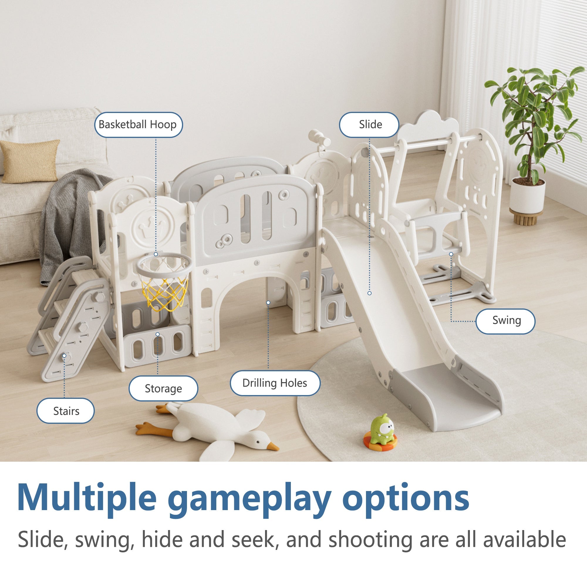 Versatile Toddler Slide with 11-in-1 Activity Center, Grey+Ivory, Polyethylene, 116.54in