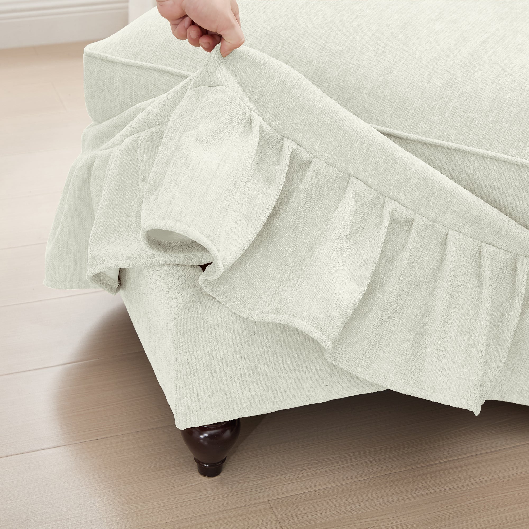 Elegant Mid Century Large 4 Seater Sofa Couch with Flared Arms and Removable Ruffles Pleats Skirts and Spindle Legs, Comfy Chenille Four-Seat Sofa for Living Room, Beige White