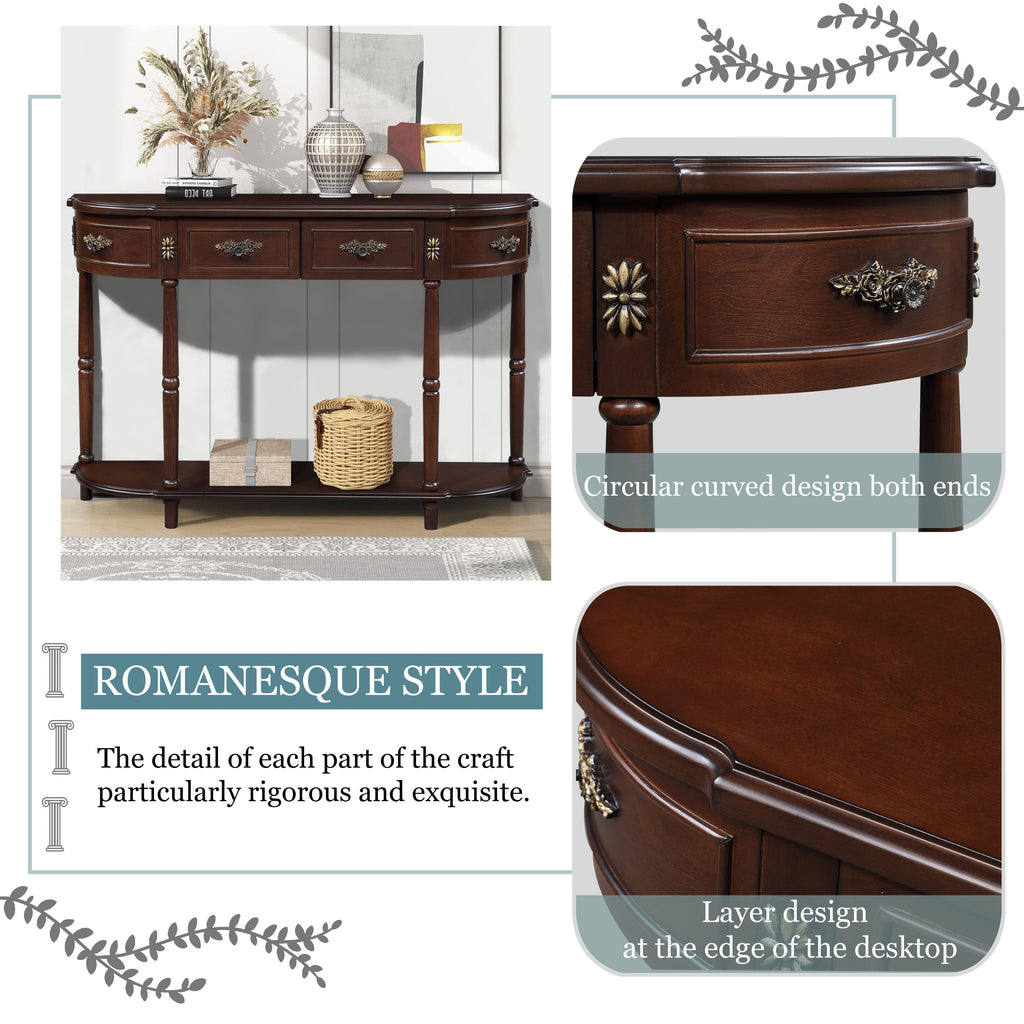 Retro Curved Wood Console Table, 52 inch Circular Half Moon Sofa Table with Open Shelf and 2 Drawers, Solid Wood Entry Table for Living Room, Hallway, Espresso
