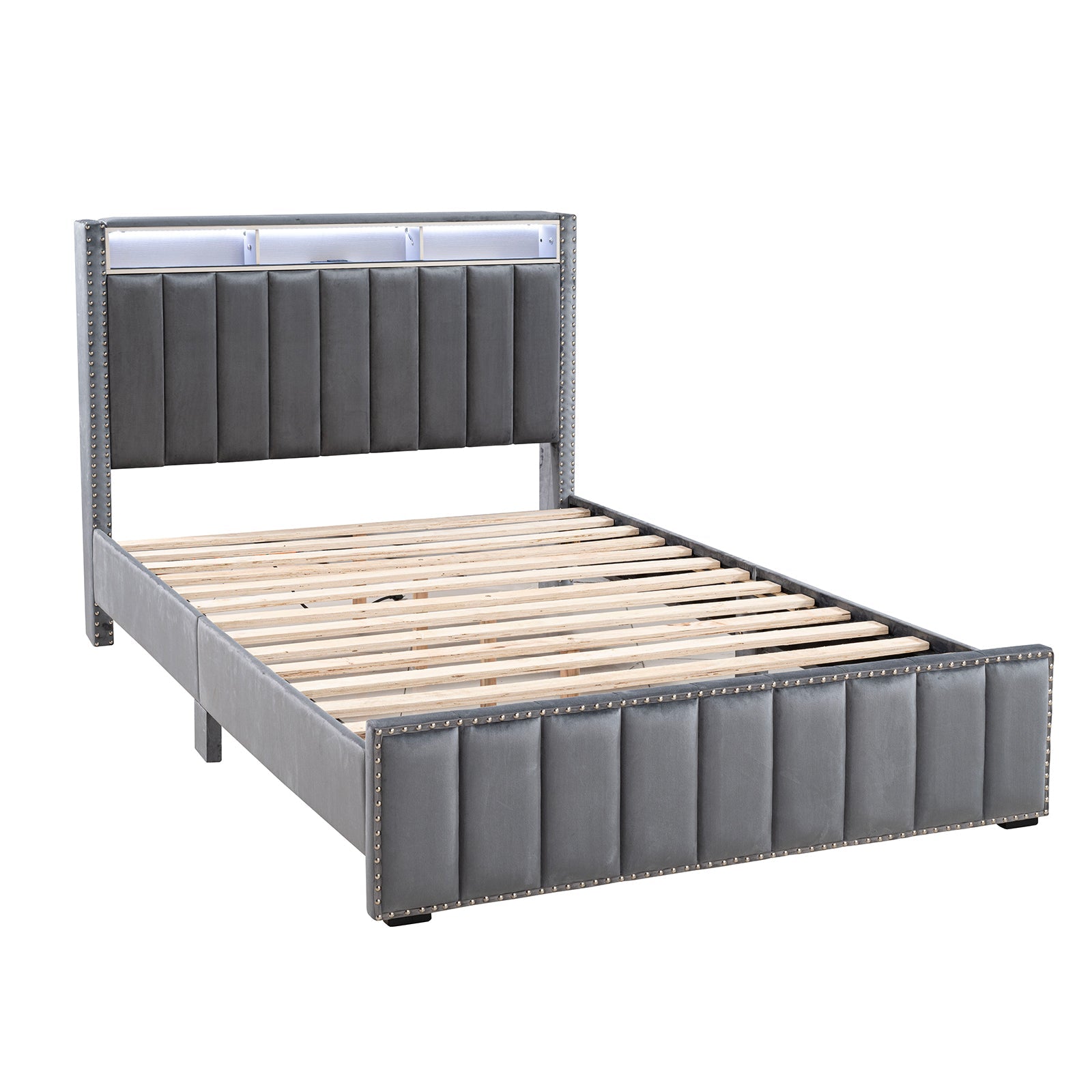 Contemporary 3pc Bedroom Set Queen Size Bed 2x Nightstands Bedroom Furniture Dark Gray Fabric Upholstered Bedframe w LED Nailhead Trim