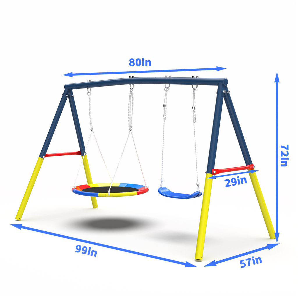 Swing Set for Backyard, 440lbs Swing Set with Heavy-Duty A-Frame Metal Outdoor Swing Stand, 1 Saucer Swing Seat & 1 Belt Swings Seat