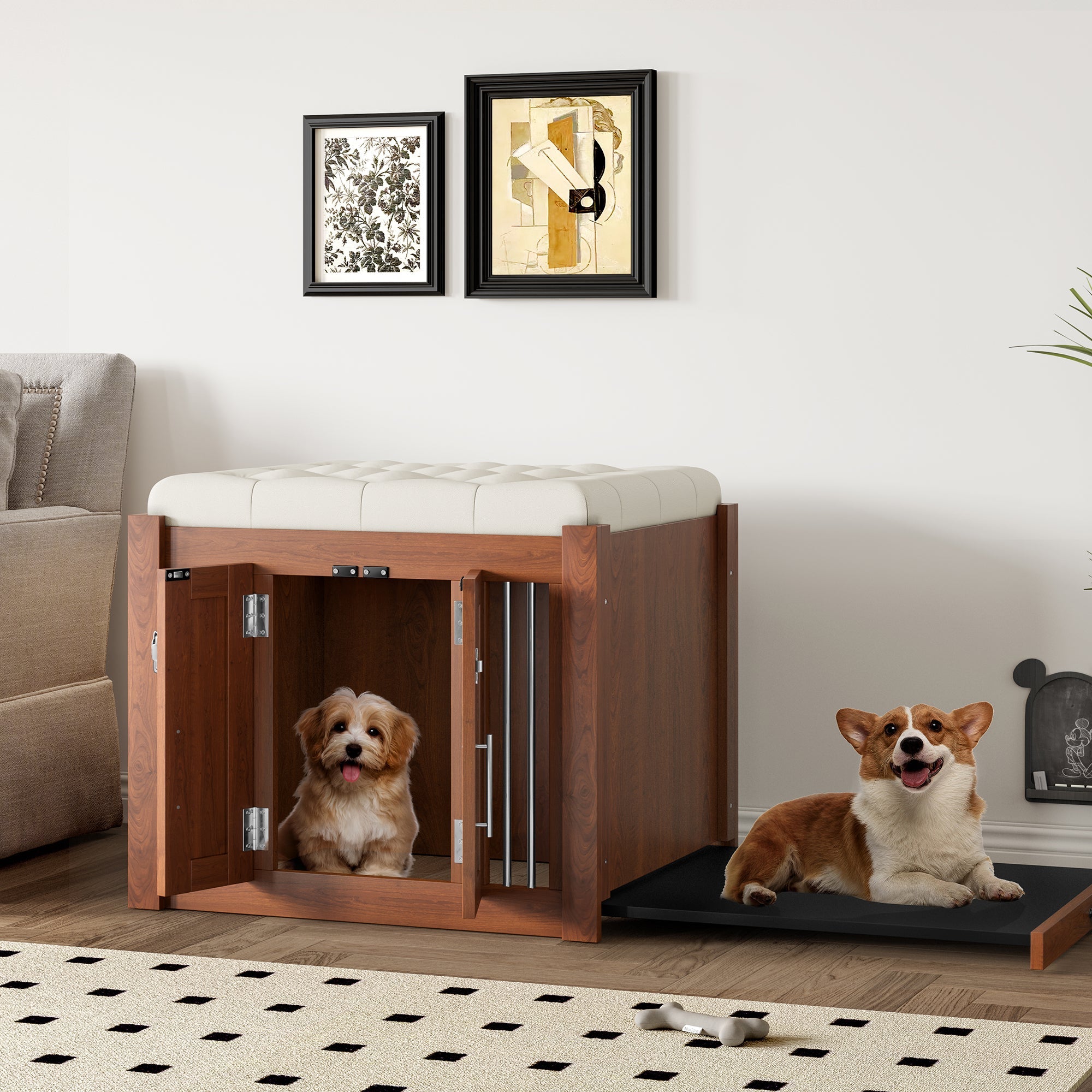 30.25'L, 2 in 1 Dog Crate with Padded Seat, Sliding Barn Door, Luxury Wooden Dog Kennel, End of Bed Bench Ottoman with Removable Cushion for Bedroom, Living Room, Walnut