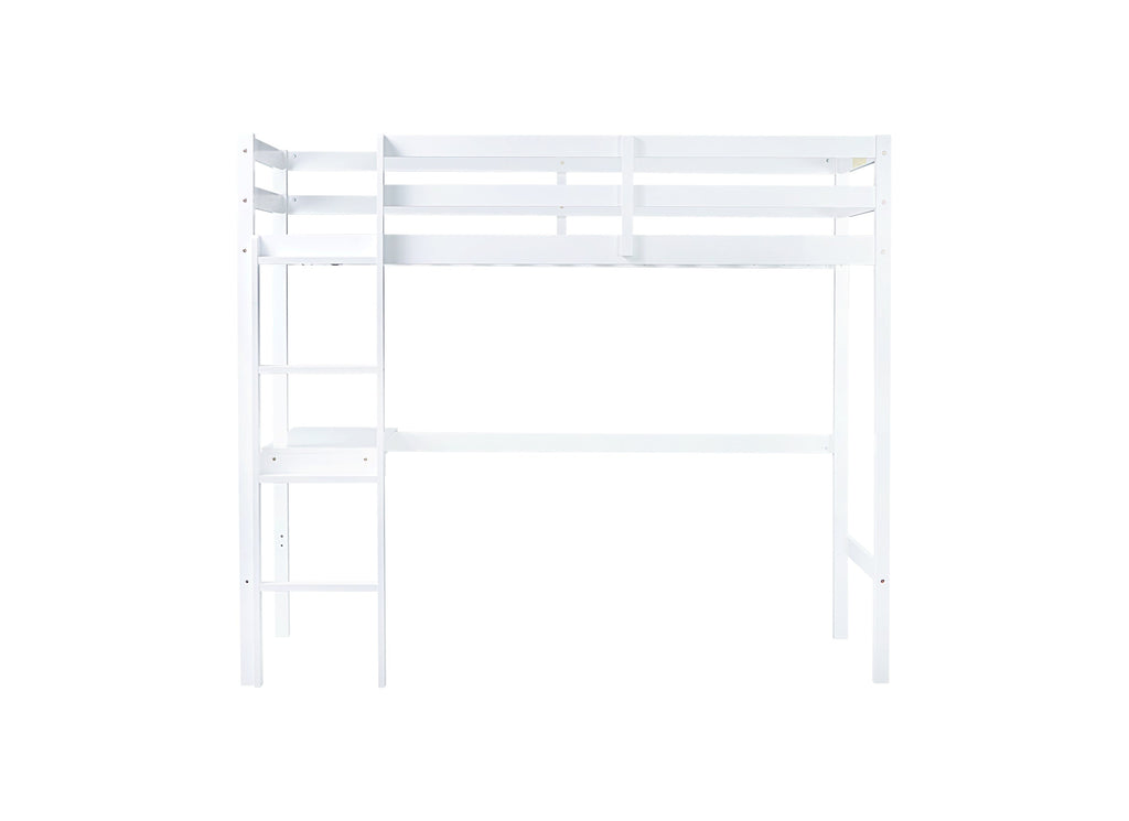 Twin High Loft Bed, Rubber Wood  Loft Bed with Safety Guardrail, built-in desk, ladder,White
