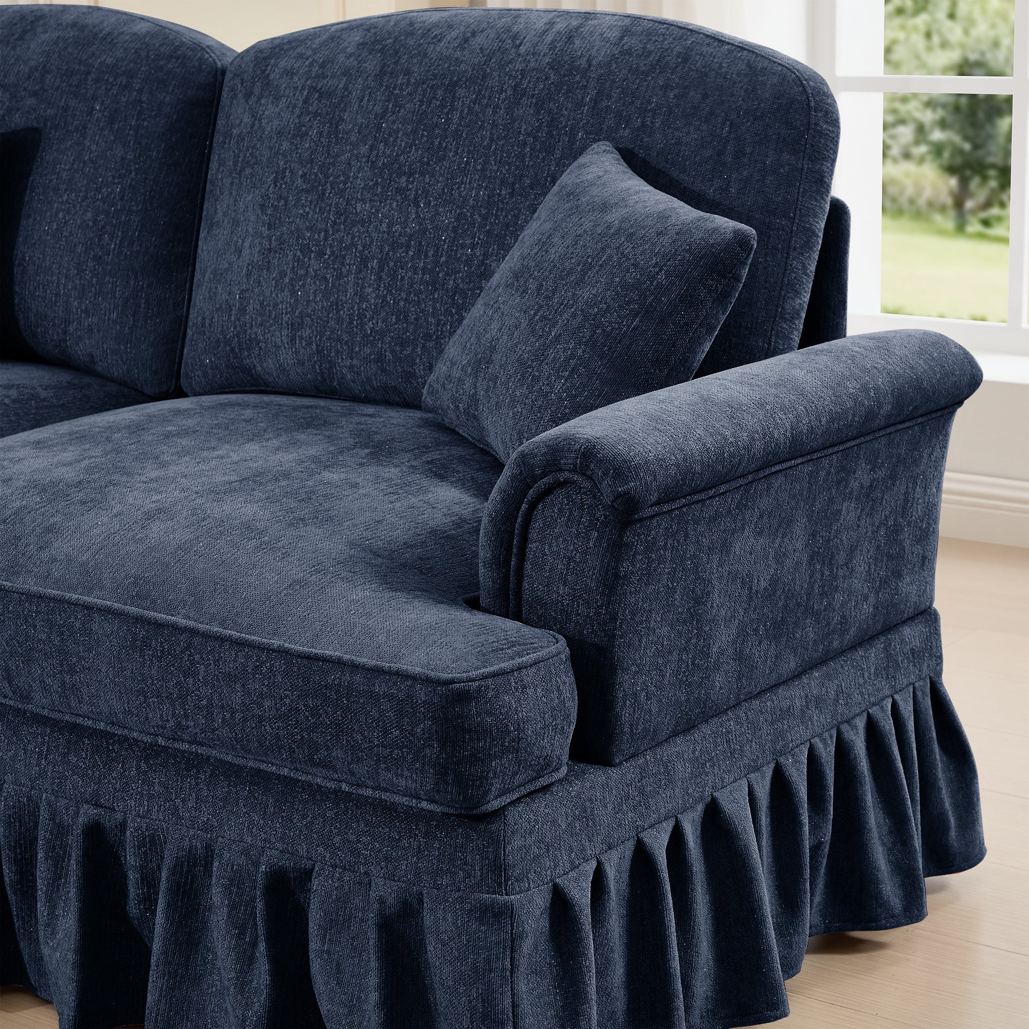 Classic Three Seater Modular L Shaped Sectional Couch with Flared Arms and Removable Ruffles Pleats Skirts and Spindle Legs, Comfy Chenille Four-Seat Deep Seat Sofa with Movable Ottoman, Blue
