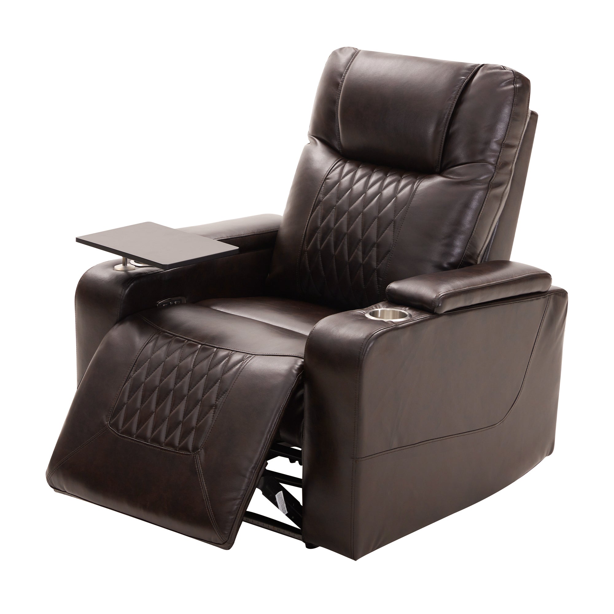 Power Motion Recliner with USB Charging Port, Hidden Arm Storage, 2 Cup Holders, 360° Swivel Tray Table, Brown PU Leather