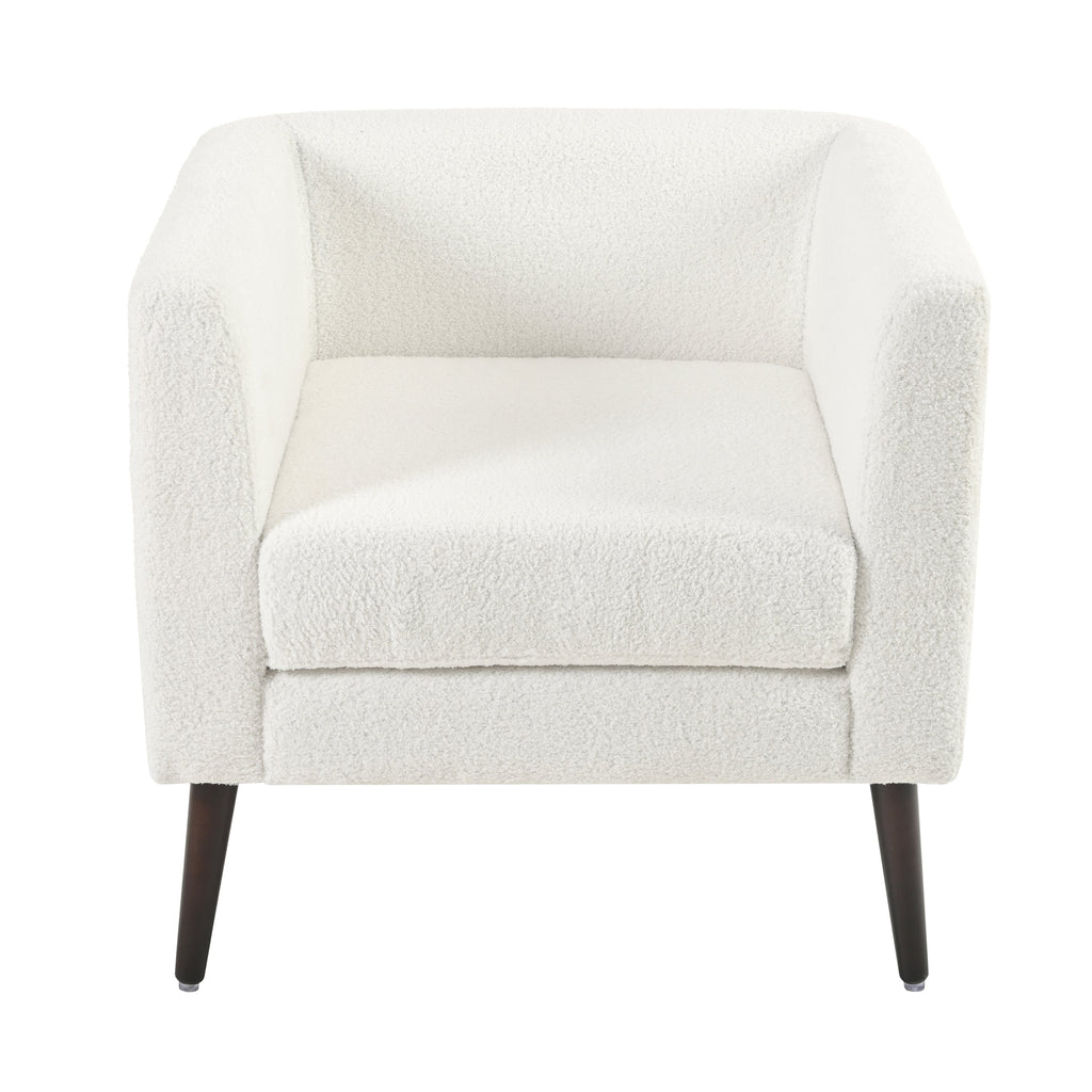 Modern Teddy Fabric Accent Chair - Mid-Century Upholstered Armchair with Pillow and Wood Legs for Living Room, Bedroom, or Reception Room - White