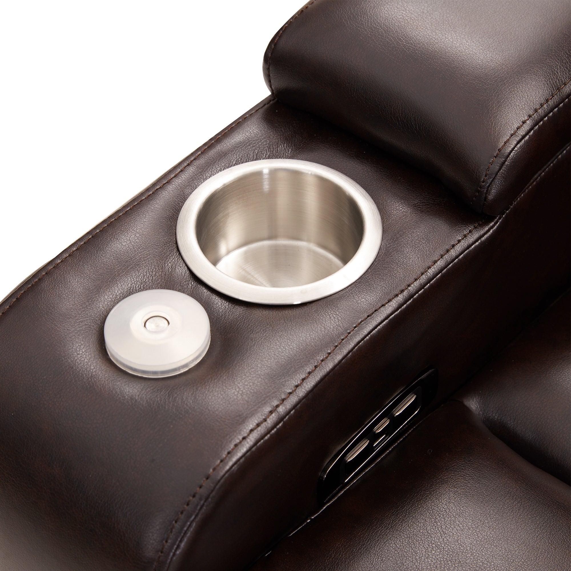 Power Motion Recliner with USB Charging Port, Hidden Arm Storage, 2 Cup Holders, 360° Swivel Tray Table, Brown PU Leather