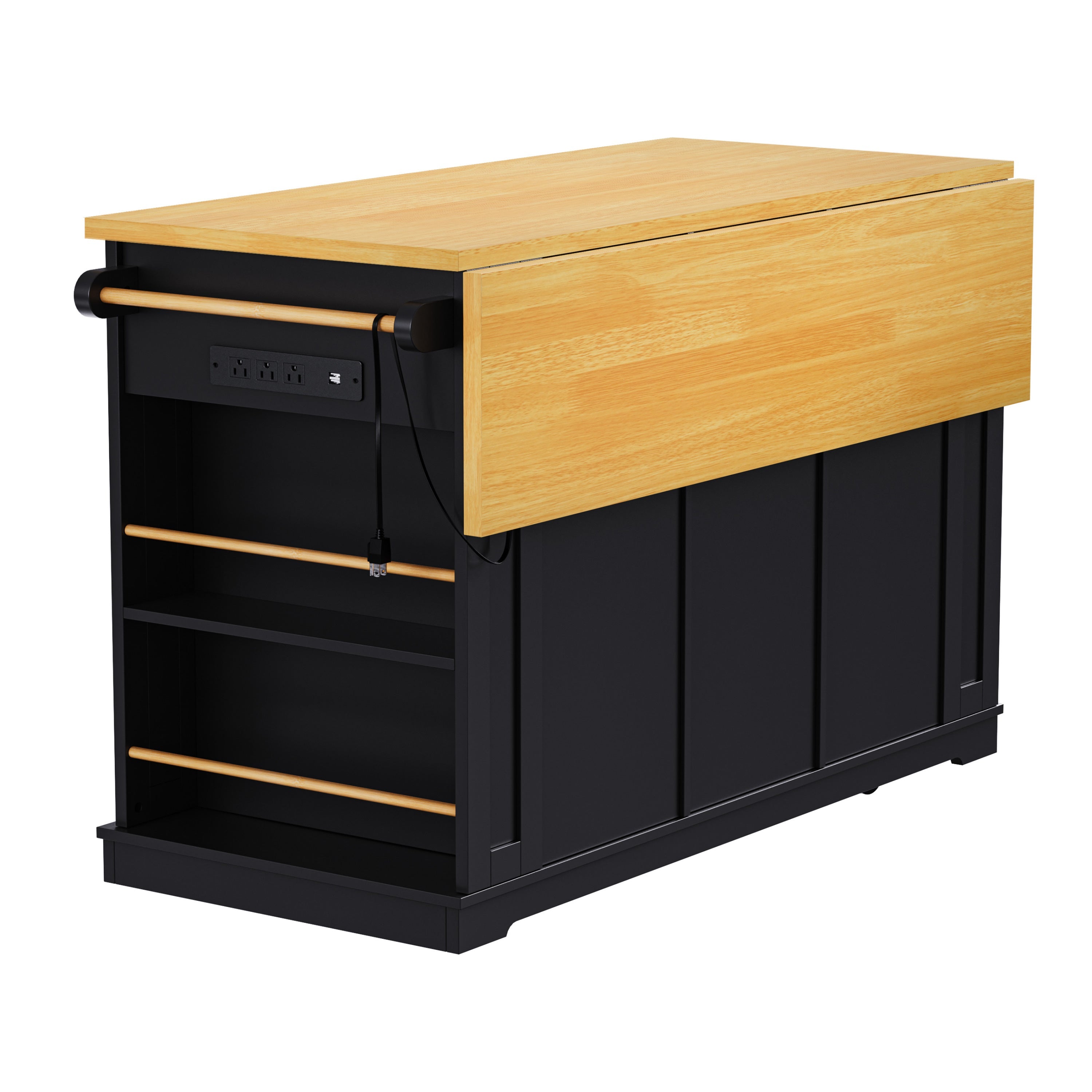 K&K 53inch Large Kitchen Island with 2 Bar Stools, Power Outlet,Door Internal Storage Rack, Kitchen Storage Cart on 5 Wheels with Drop Leaf, 5 Open Side Racks, 3 Drawers, for Kitchen,Dining Room,Black