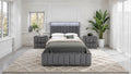 Contemporary 3pc Bedroom Set Queen Size Bed 2x Nightstands Bedroom Furniture Dark Gray Fabric Upholstered Bedframe w LED Nailhead Trim