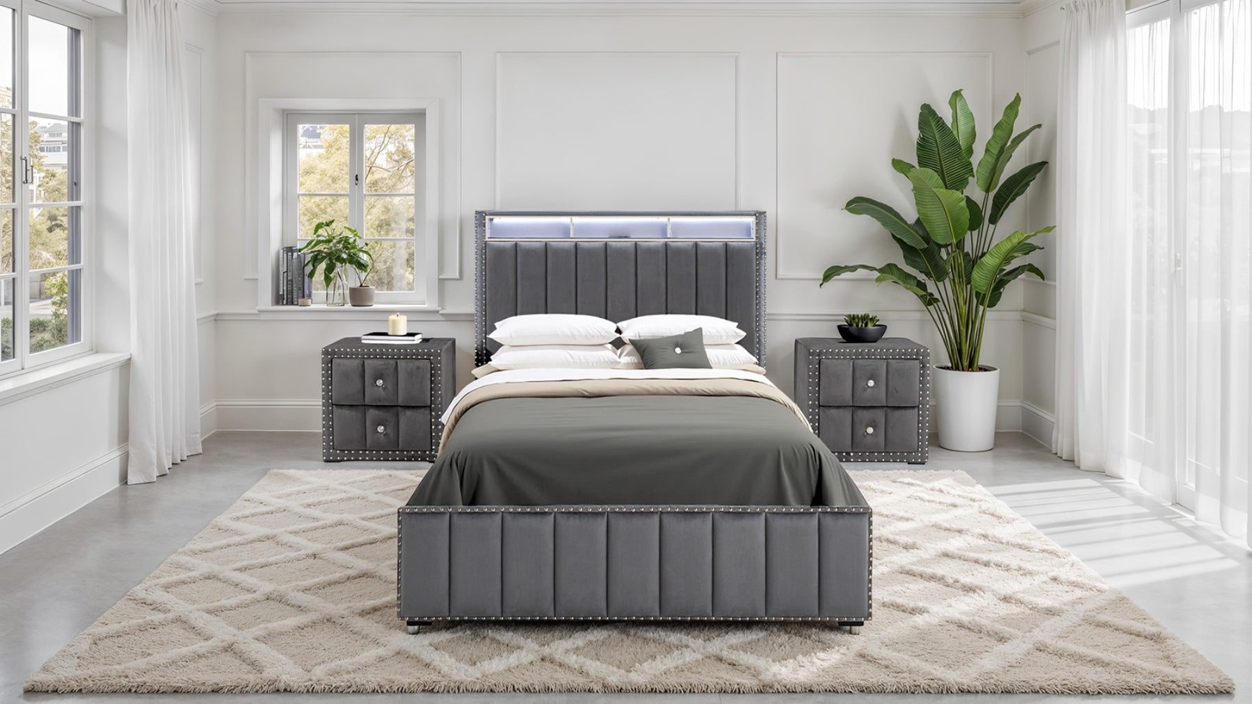 Contemporary 3pc Bedroom Set Queen Size Bed 2x Nightstands Bedroom Furniture Dark Gray Fabric Upholstered Bedframe w LED Nailhead Trim