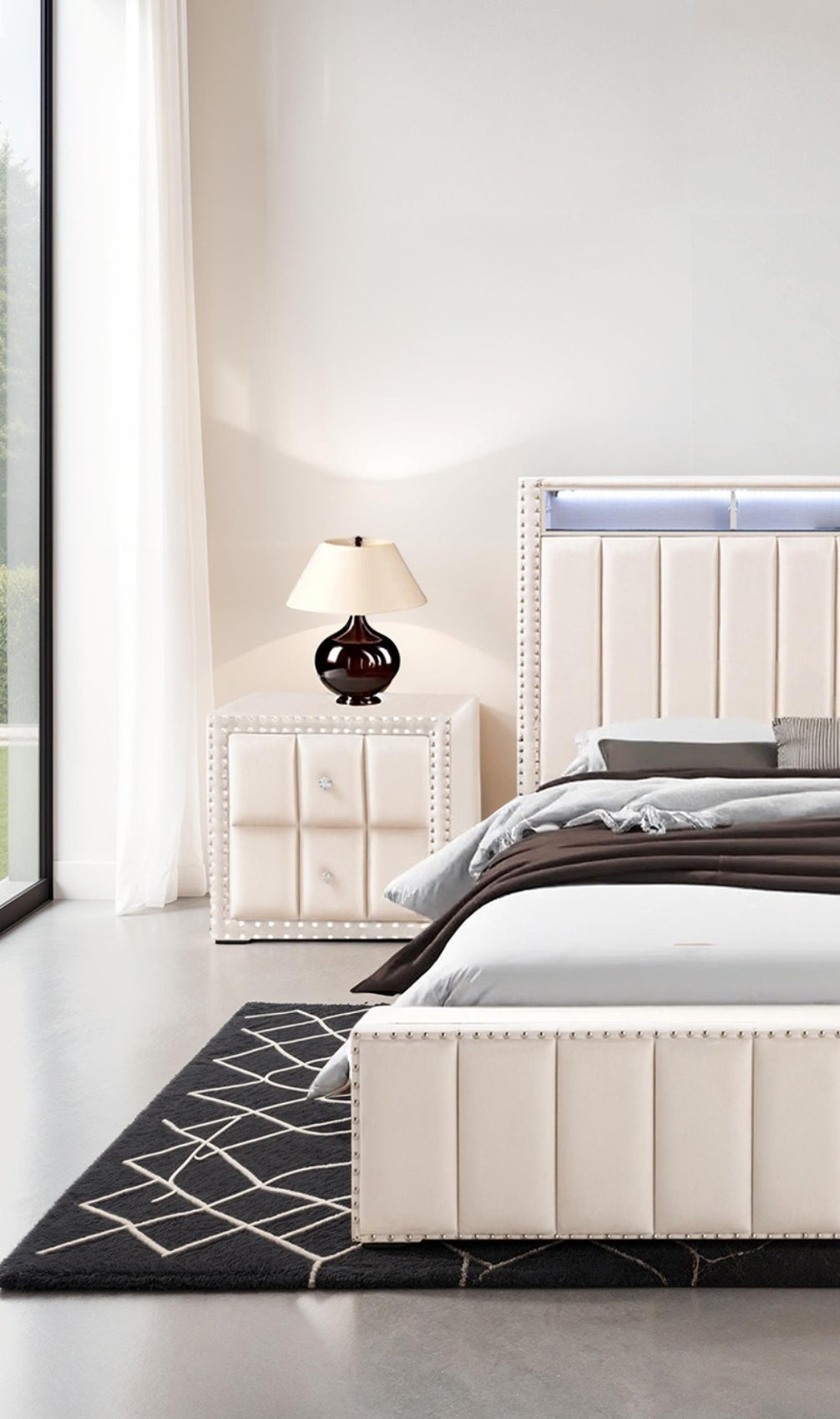 Full Size Bed 2x Nightstands Bedroom Furniture Contemporary Beige Fabric Upholstered Bedframe w LED Nailhead Trim 3pc Bedroom Set