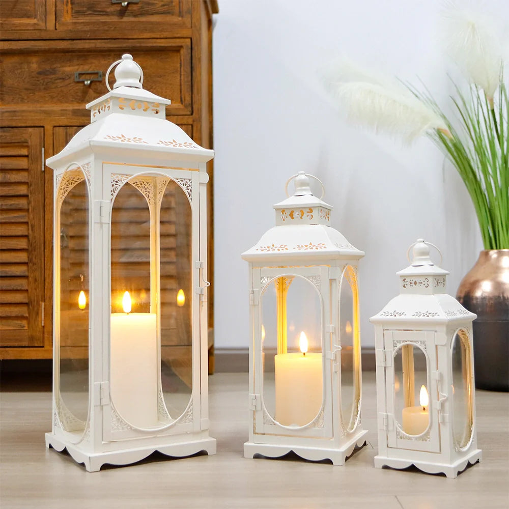 Set of 3 Decorative Vintage Candle Lanterns (White)