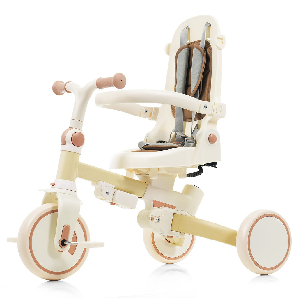 7 in 1 Baby Tricycle, Foldable Toddler Tricycle with Removable and Adjustable Parent Handle, Toddler Push Bike with Removable Pedal, Canopy, and Guardrail, Tricycle for 12-72 Months, yellow