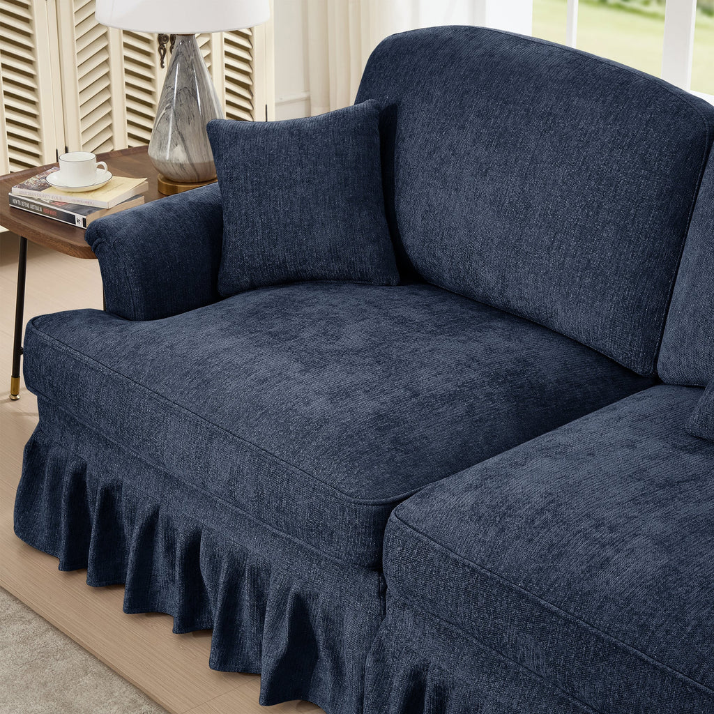Classic Three Seater Modular L Shaped Sectional Couch with Flared Arms and Removable Ruffles Pleats Skirts and Spindle Legs, Comfy Chenille Four-Seat Deep Seat Sofa with Movable Ottoman, Blue
