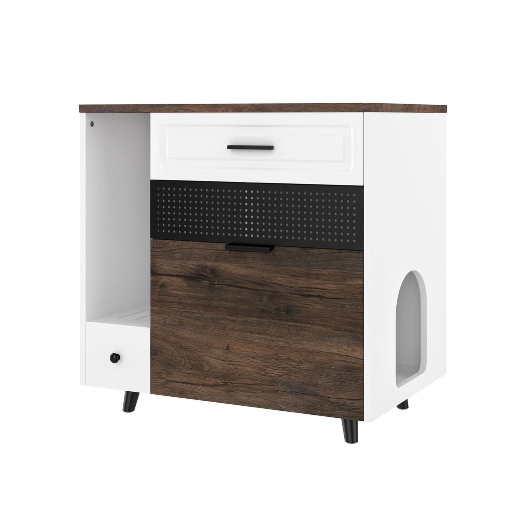 Cat Litter Box Enclosure, Indoor Hidden Cat Litter Box Furniture with 2 Drawers and Door, Cat House End Table for Living room, White and Brown