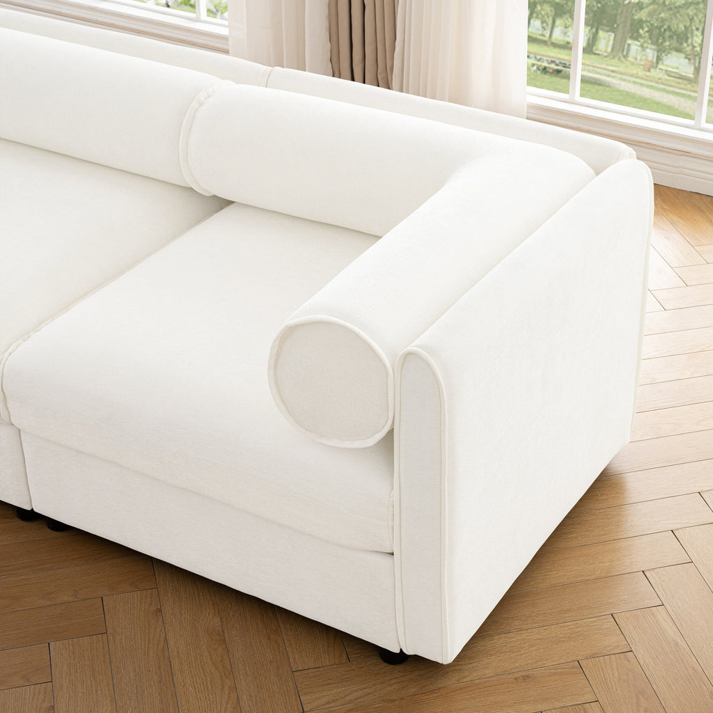 Elegant White Chenille  Sofa with Storage Seat and Ottoman, U-Shaped 3-Seater Cylindrical Backrest and Armrests, Contemporary 3-Seater Fabric Couch with Hidden Storage Compartment