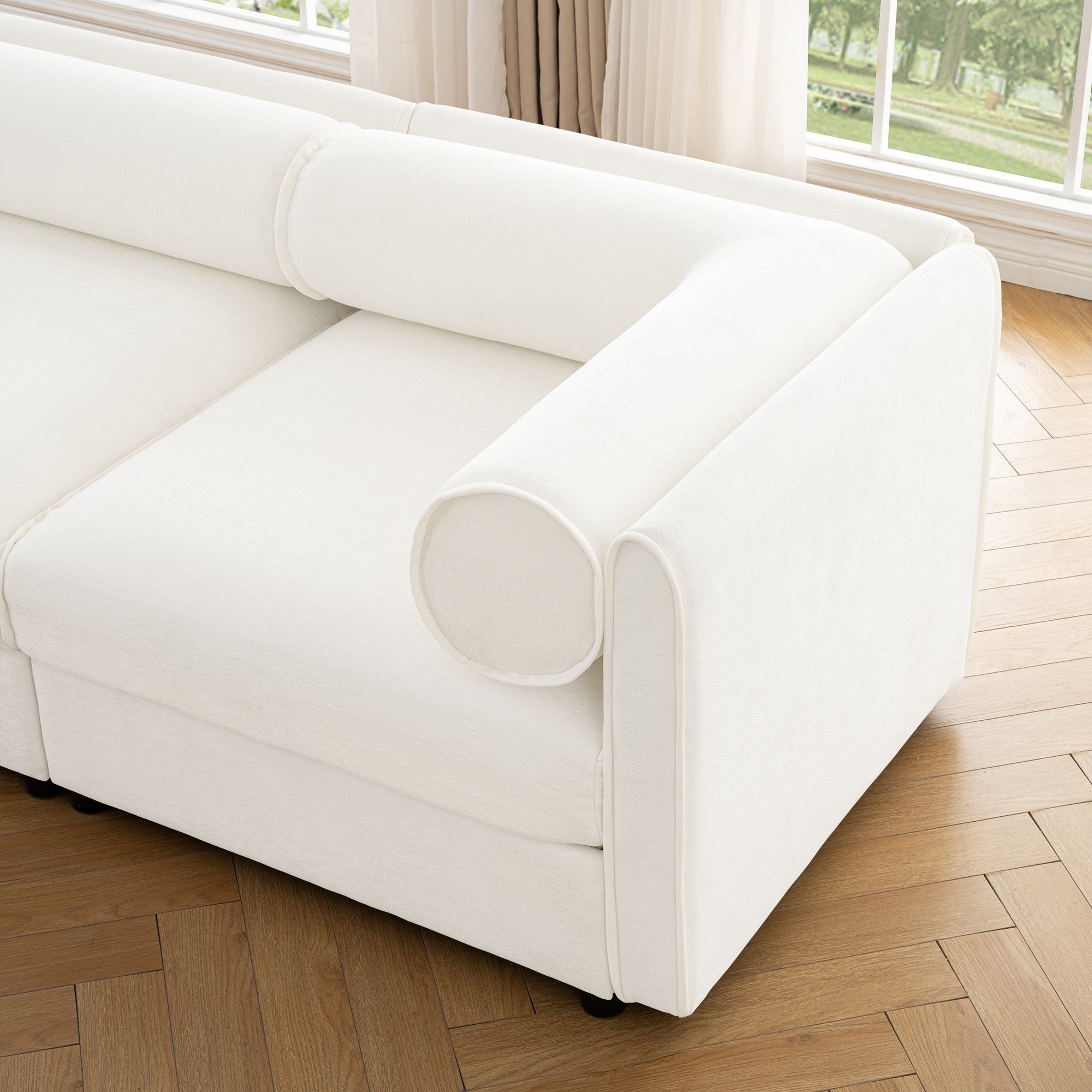 Elegant White Chenille  Sofa with Storage Seat and Ottoman, U-Shaped 3-Seater Cylindrical Backrest and Armrests, Contemporary 3-Seater Fabric Couch with Hidden Storage Compartment