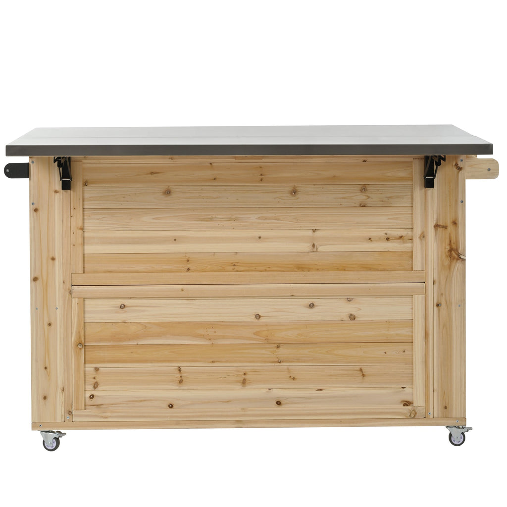 Outdoor Kitchen Island Fir Wood Kitchen Island with Stainless Steel Top, Ample Storage Space, Towel and Spice Racks, Bottle Opener, Natural