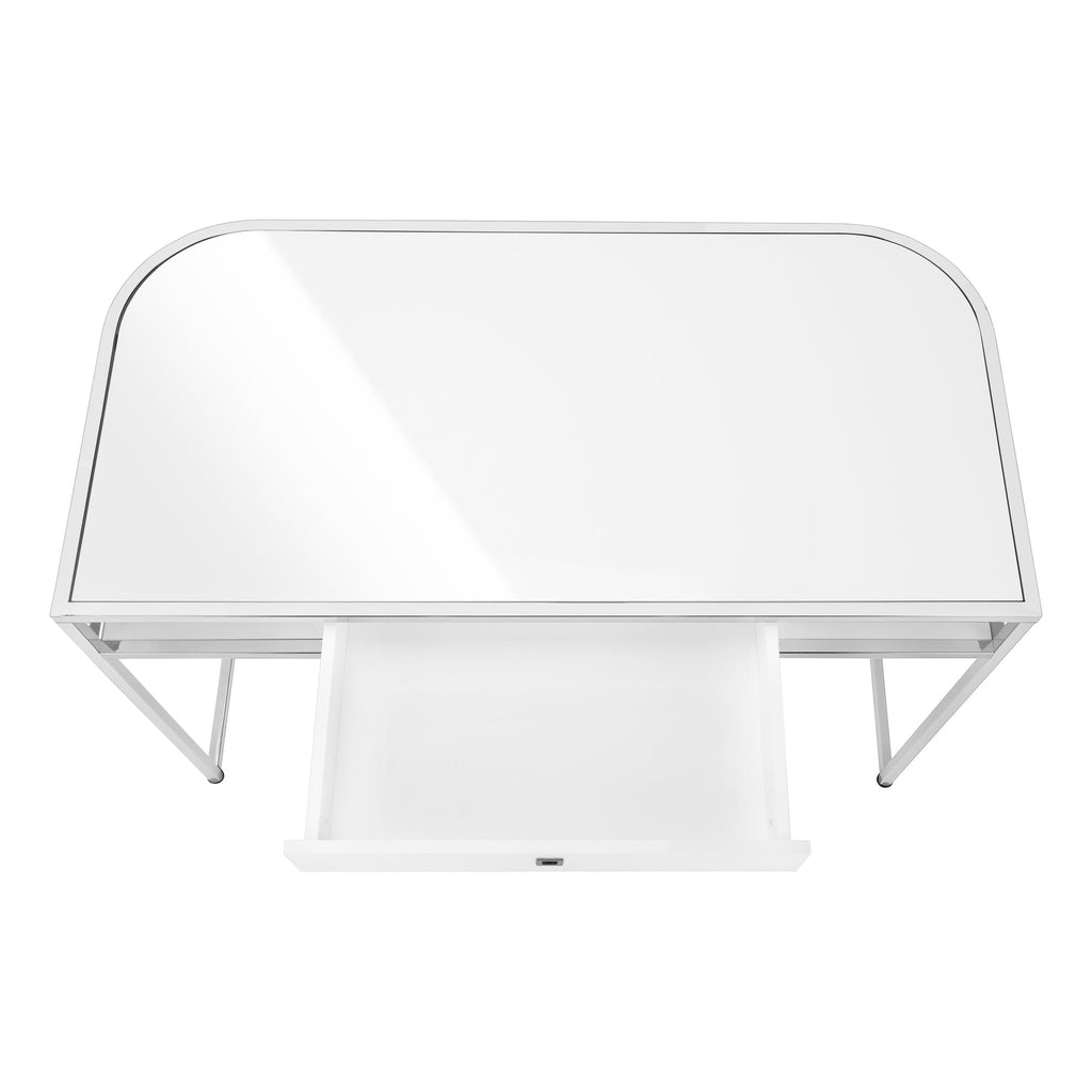 Computer Desk, Home Office, Laptop, Storage Drawers, 48'l, Work, White Laminate, Chrome Metal, Contemporary, Modern
