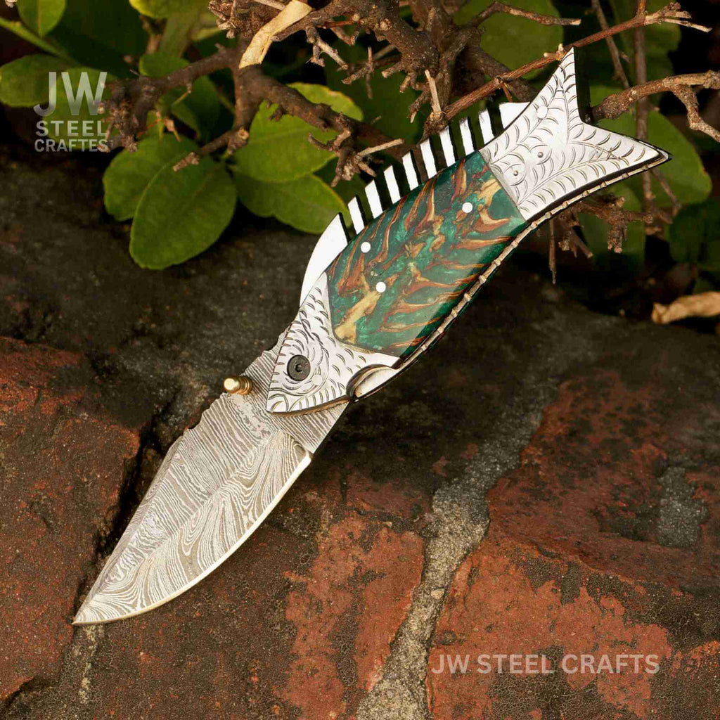 Fish-Style Damascus Folding Knife | 5 Color Variants | Hand-Engraved Collectible by JW SteelCrafts