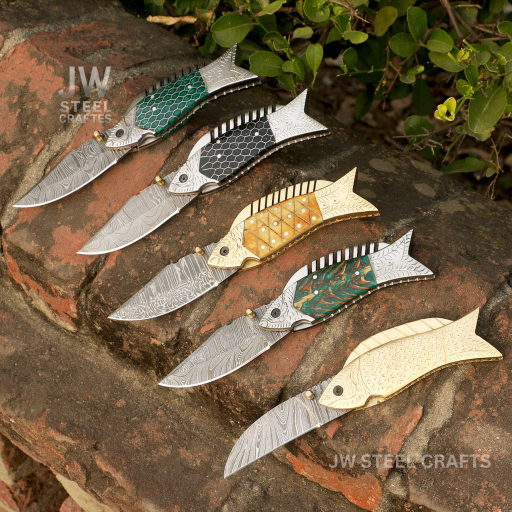 Fish-Style Damascus Folding Knife | 5 Color Variants | Hand-Engraved Collectible by JW SteelCrafts