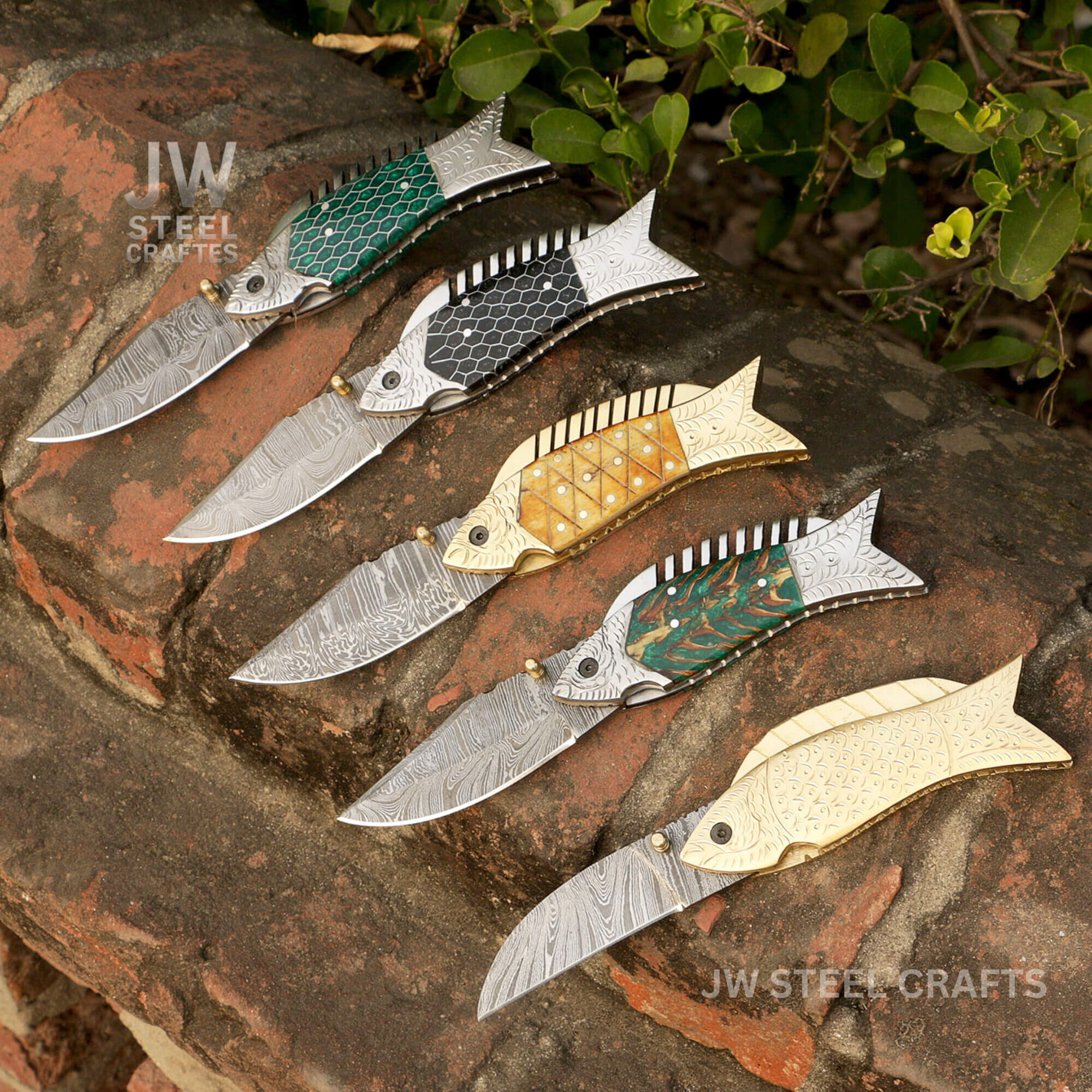 Fish-Style Damascus Folding Knife | 5 Color Variants | Hand-Engraved Collectible by JW SteelCrafts