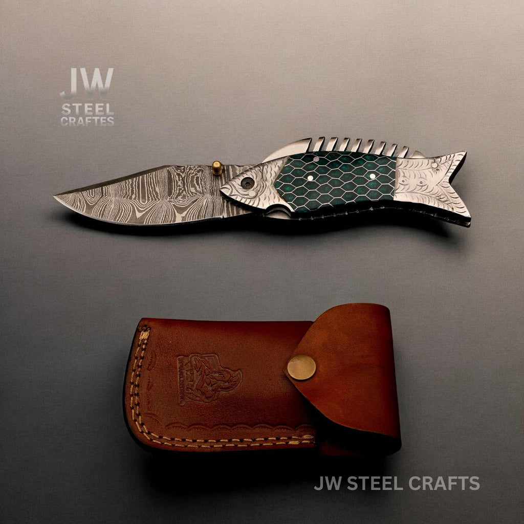 Fish-Style Damascus Folding Knife | 5 Color Variants | Hand-Engraved Collectible by JW SteelCrafts
