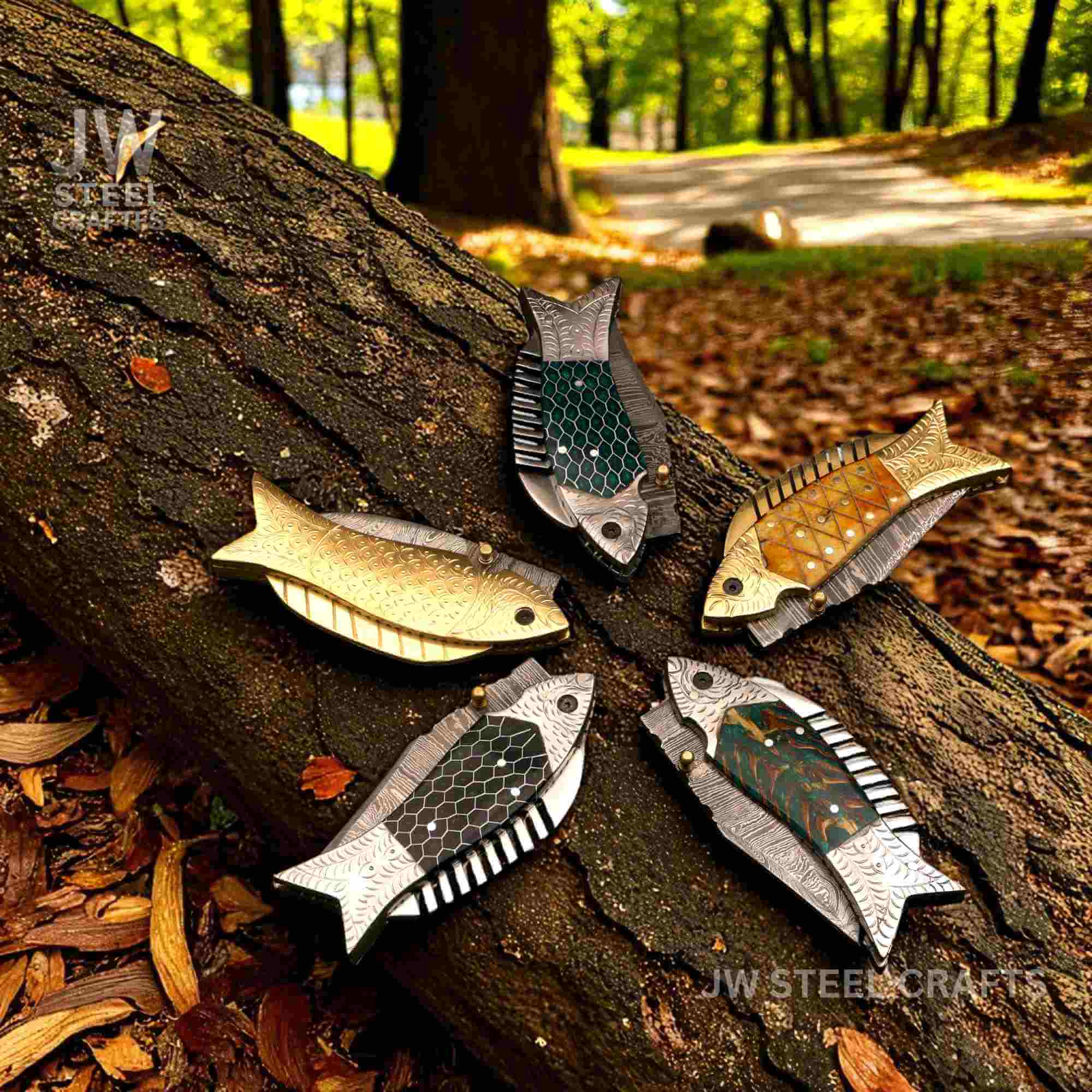 Fish-Style Damascus Folding Knife | 5 Color Variants | Hand-Engraved Collectible by JW SteelCrafts