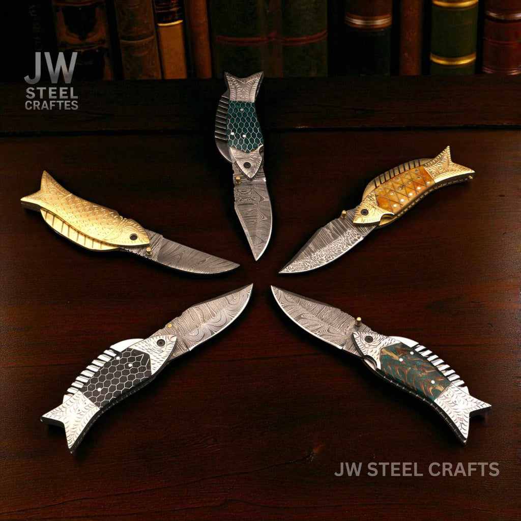 Fish-Style Damascus Folding Knife | 5 Color Variants | Hand-Engraved Collectible by JW SteelCrafts