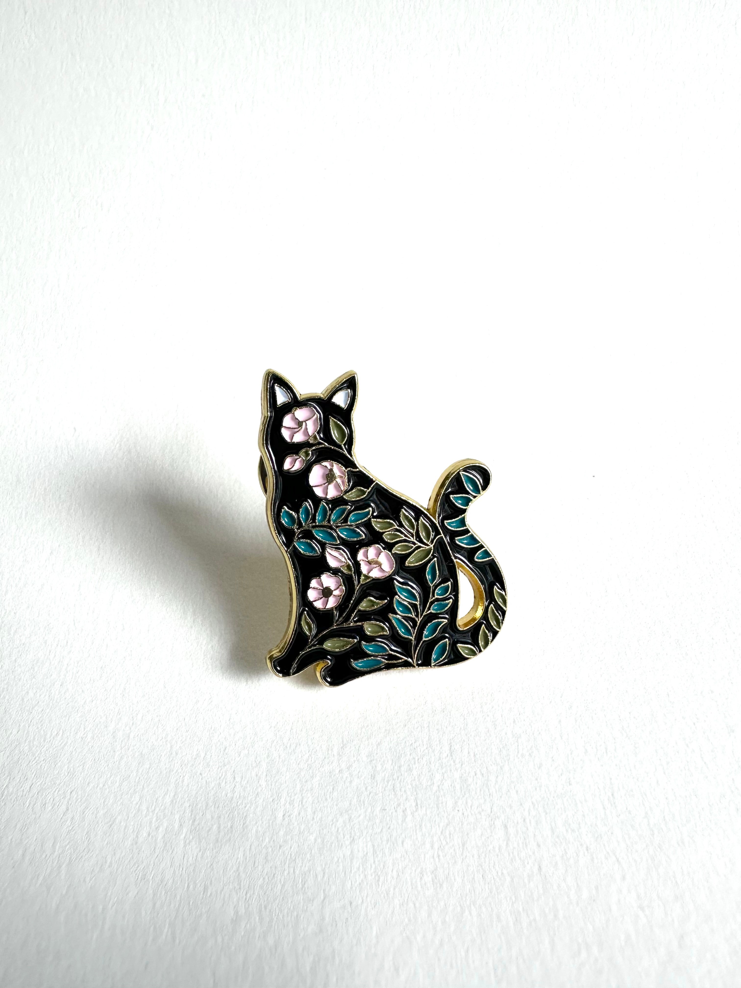 Floral Black Cat Enamel Pin