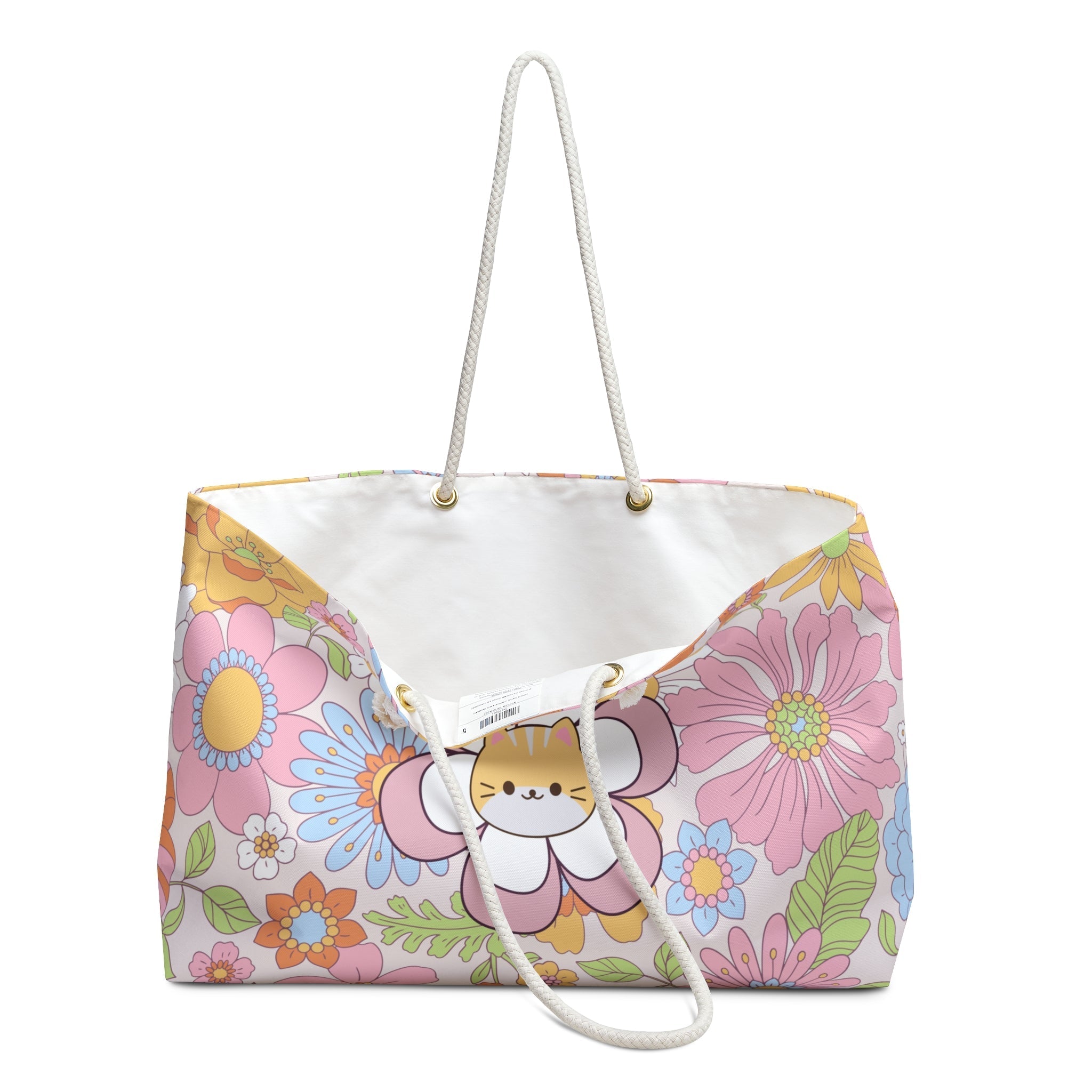 Flower Power Cat Weekender Tote – Retro Floral Cat Travel Bag